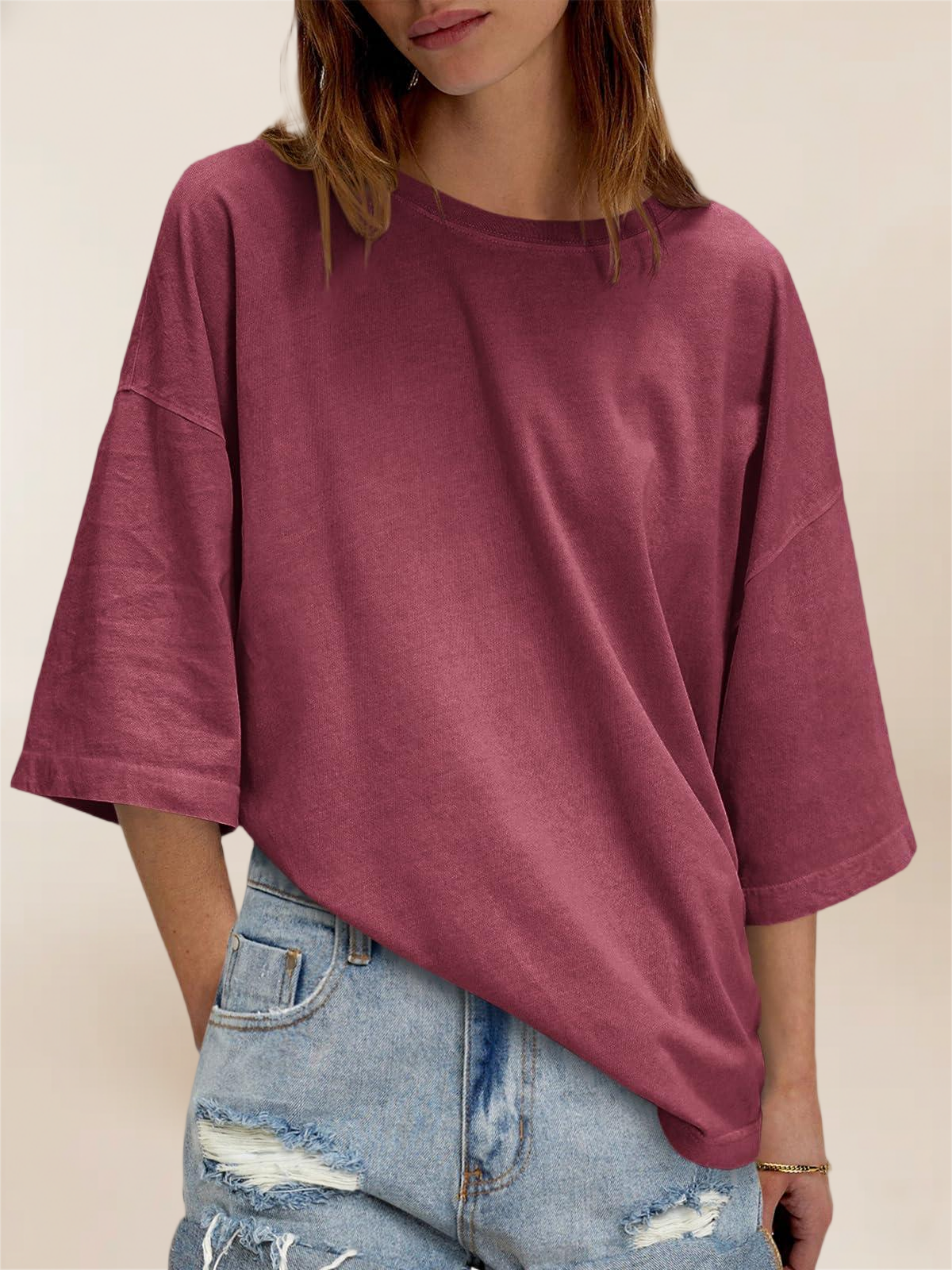 Imily Bela Womens Oversized Half Sleeve T-Shirts Summer Casual Crew Neck Tunic Tops Loose Fit Boxy Basic Tees