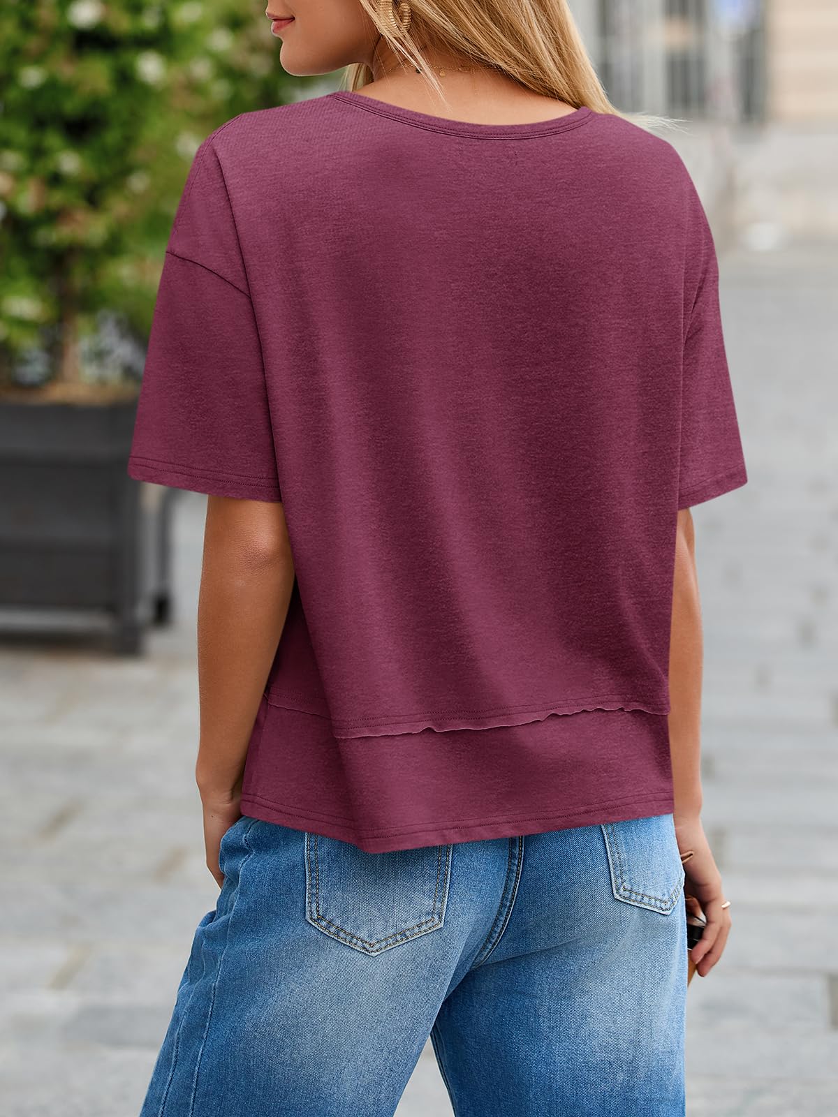 Imily Bela Womens Summer V Neck T Shirts Casual Short Sleeve Flowy Tops Cute Loose Fit Basic Tees