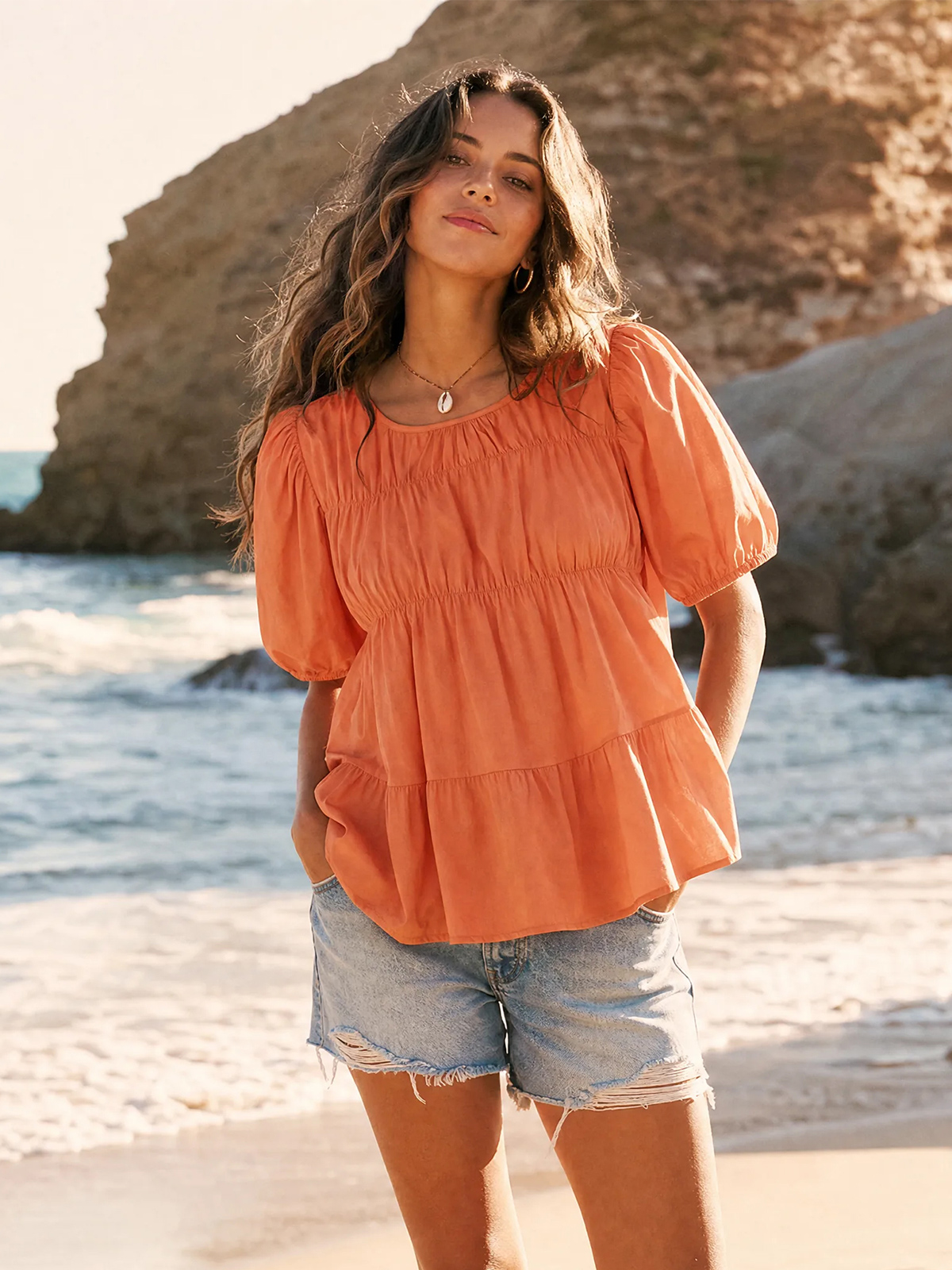 Womens Puff Sleeve Peplum Babydoll Tops Summer Flowy Pleated Cotton T-Shirts Casual Loose Fit Cute Blouse