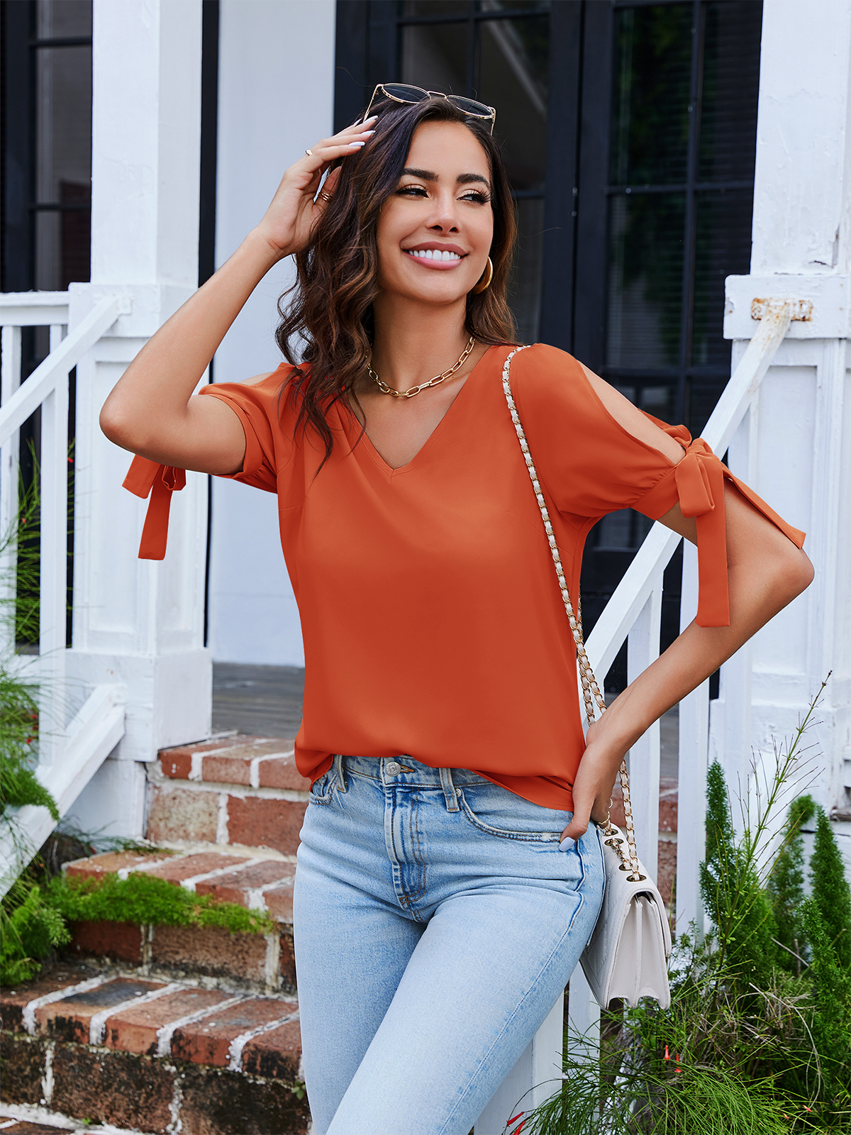 Imily Bela Women's Cold Shoulder Tops Short Sleeve V-Neck Casual Loose Cutout Summer Fashion Tshirts Blouse Shirts