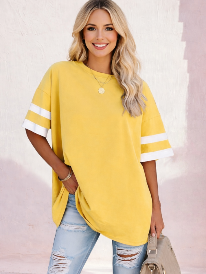 Imily Bela Womens Oversized Tees Loose T Shirts Half Sleeve Crew Neck Color Block Cotton Tunic Tops