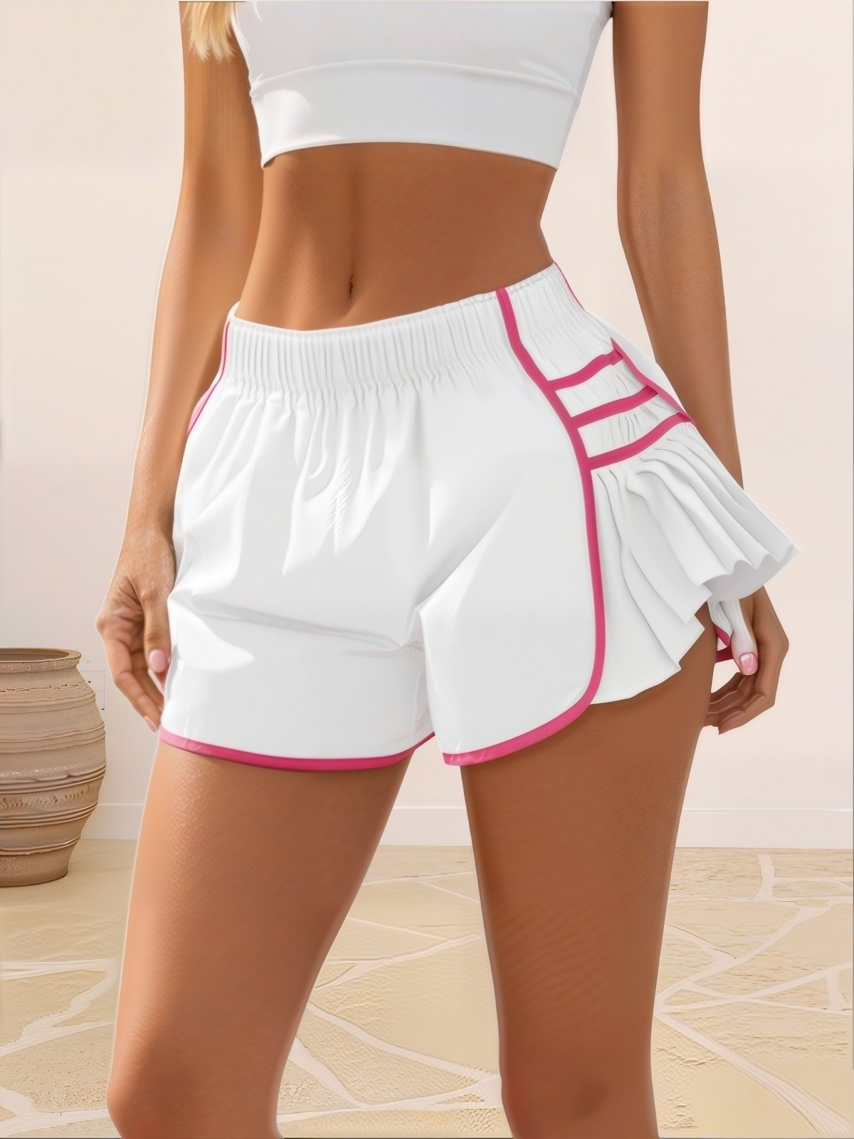 Imily Bela Womens Workout Gym Shorts Running Pleated Contrast Stitch Elastic Waist Athletic Quick Dry Shorts