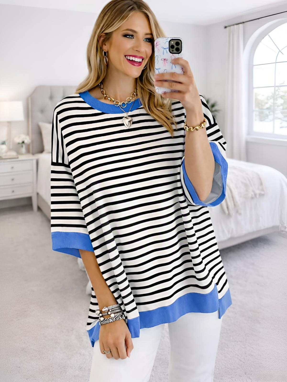 Imily Bela Womens Oversized T Shirts Striped Color Block Cotton Tops Summer Casual Half Sleeve Loose Fit Crewneck Sweatshirts