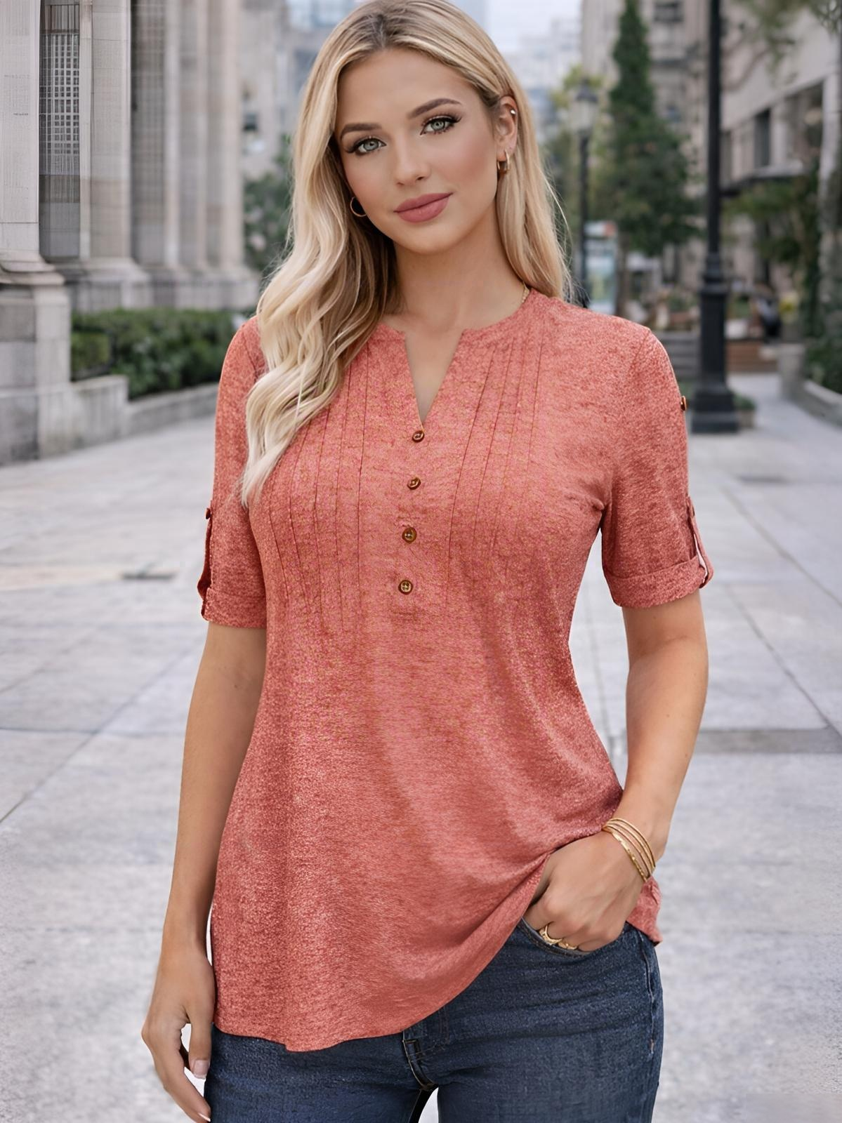 Imily Bela Women's Zipper Summer Pleated Button Short Sleeve T-Shirt Summer V-Neck Solid Color Casual top