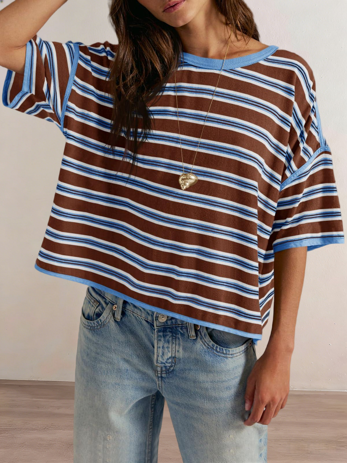 Imily Bela Womens Oversized Striped T-Shirts Summer Casual Color Block Short Sleeve Tops Drop Shoulder Boxy Tees