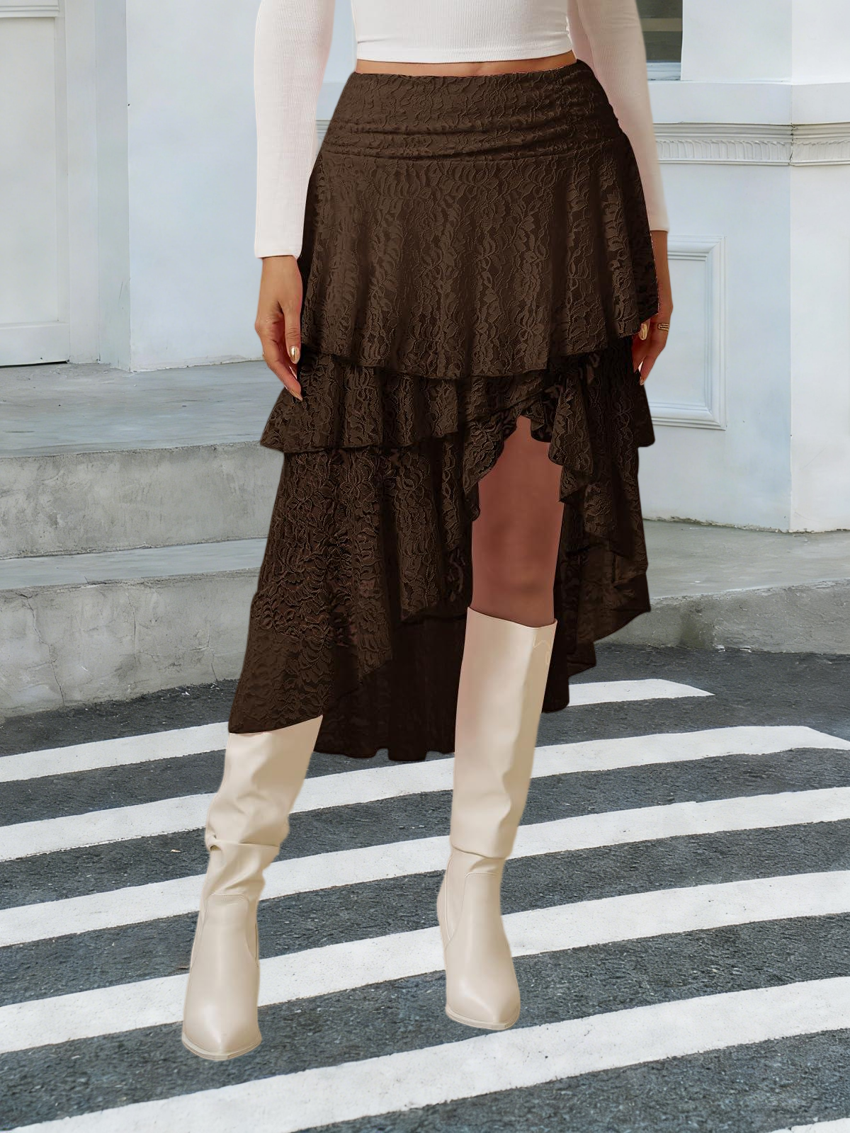 Imily Bela Womens Lace Midi Skirts High Waist Y2K Asymmetrical Layered Flowy Fairy Skirts Floral Beach Long Skirt