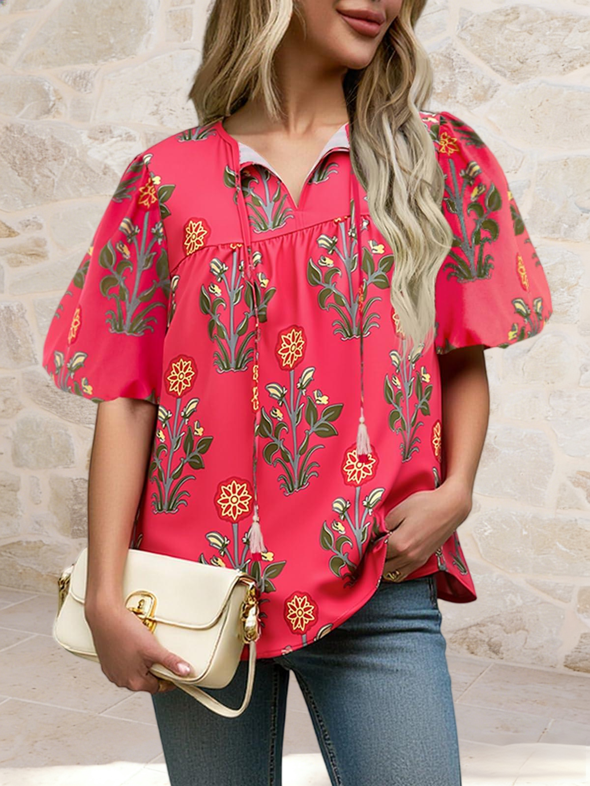 Imily Bela Womens Boho Floral Blouses Short Puff Sleeve V Neck Babydoll Shirts Flowy Tie Front Tops