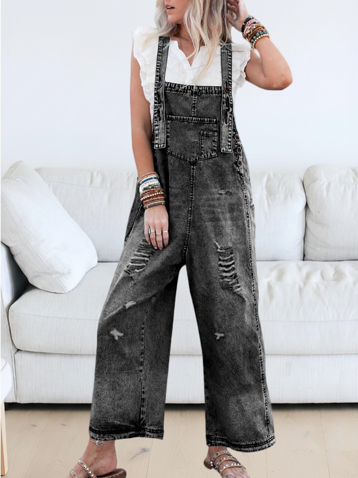 Imily Bela Women's Casual Denim Overalls Loose Adjustable Strap Distressed Bib Jeans Overall Jumpsuits with Pocket