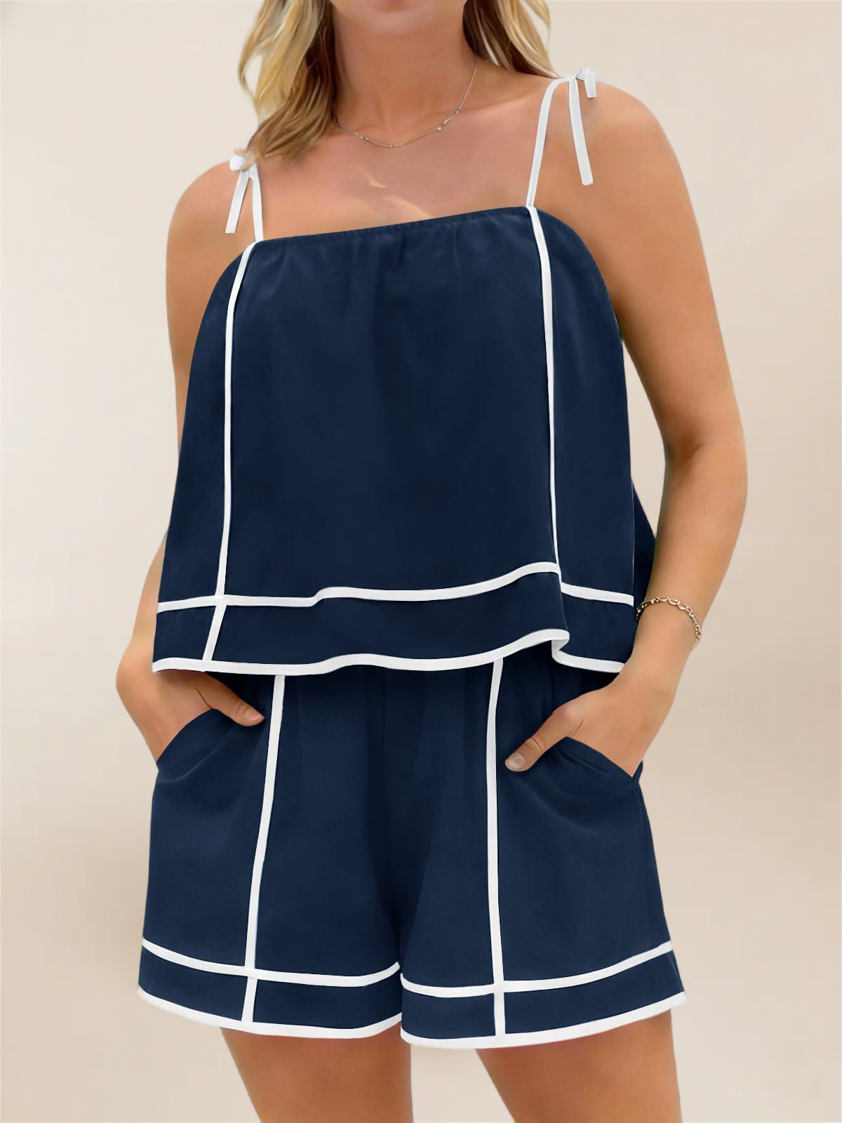 Imily Bela Women 2 Piece Lounge Sets Summer Casual Tie Strap Vacation Top Shorts Set With Pockets