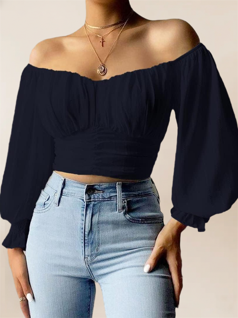 Imily Bela Womens Elegant Off The Shoulder Puff Sleeve Blouse Summer Chiffon Slim Fit Party Crop Top