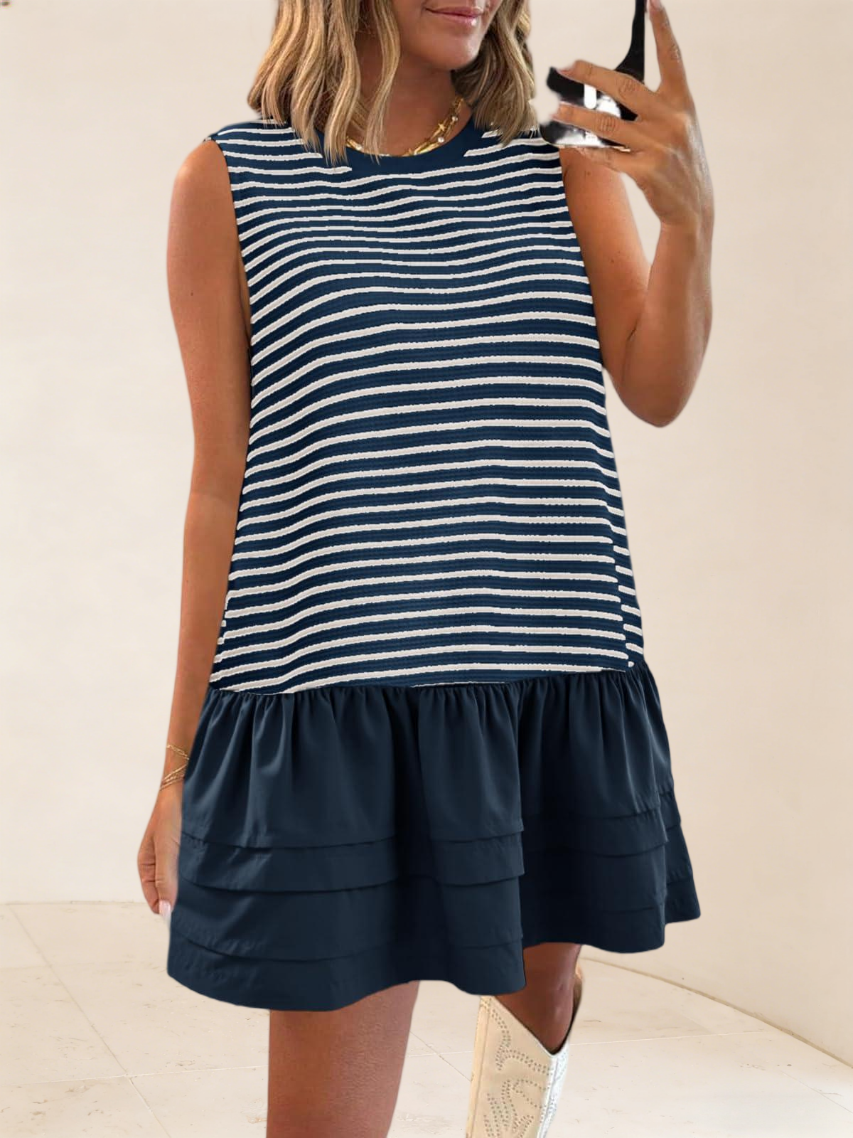 Imily Bela Womens Striped Sweatshirt Dress Casual Sleeveless Crewneck Constrast Patchwork Loose Tank Mini Dresses