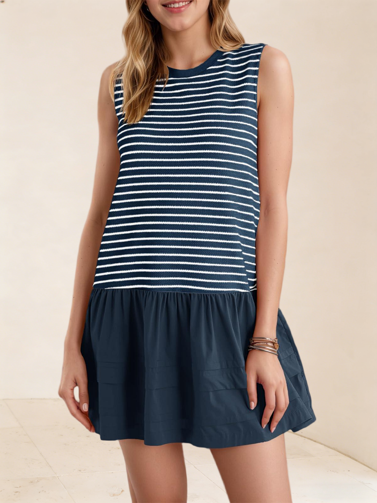 Imily Bela Womens Striped Sweatshirt Dress Casual Sleeveless Crewneck Constrast Patchwork Loose Tank Mini Dresses