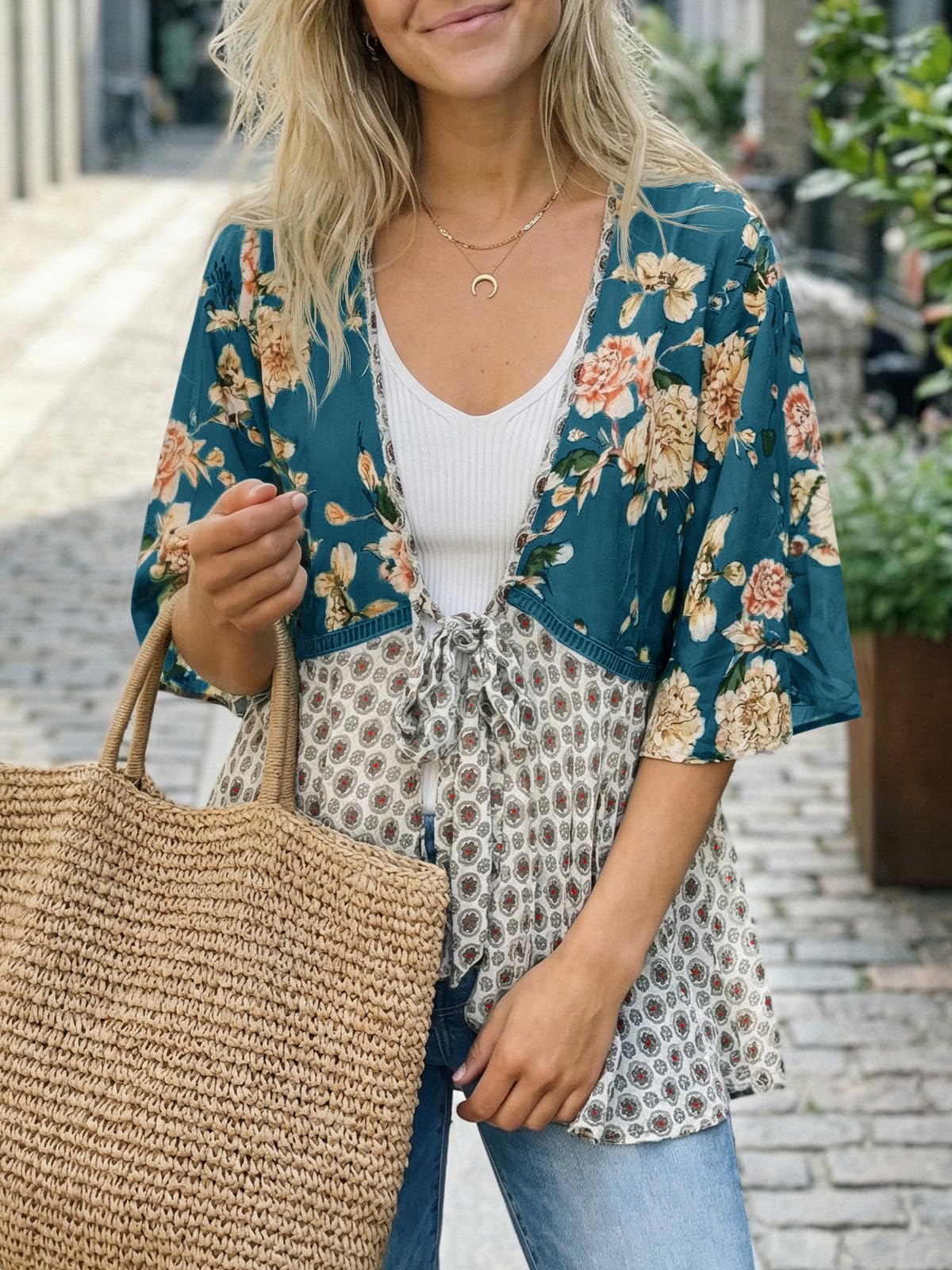 Imily Bela Women Floral Kimono Cardigans 3/4 Ruffle Sleeve Lightweight Patchwork Flowy Boho Tie Loose Cover Ups