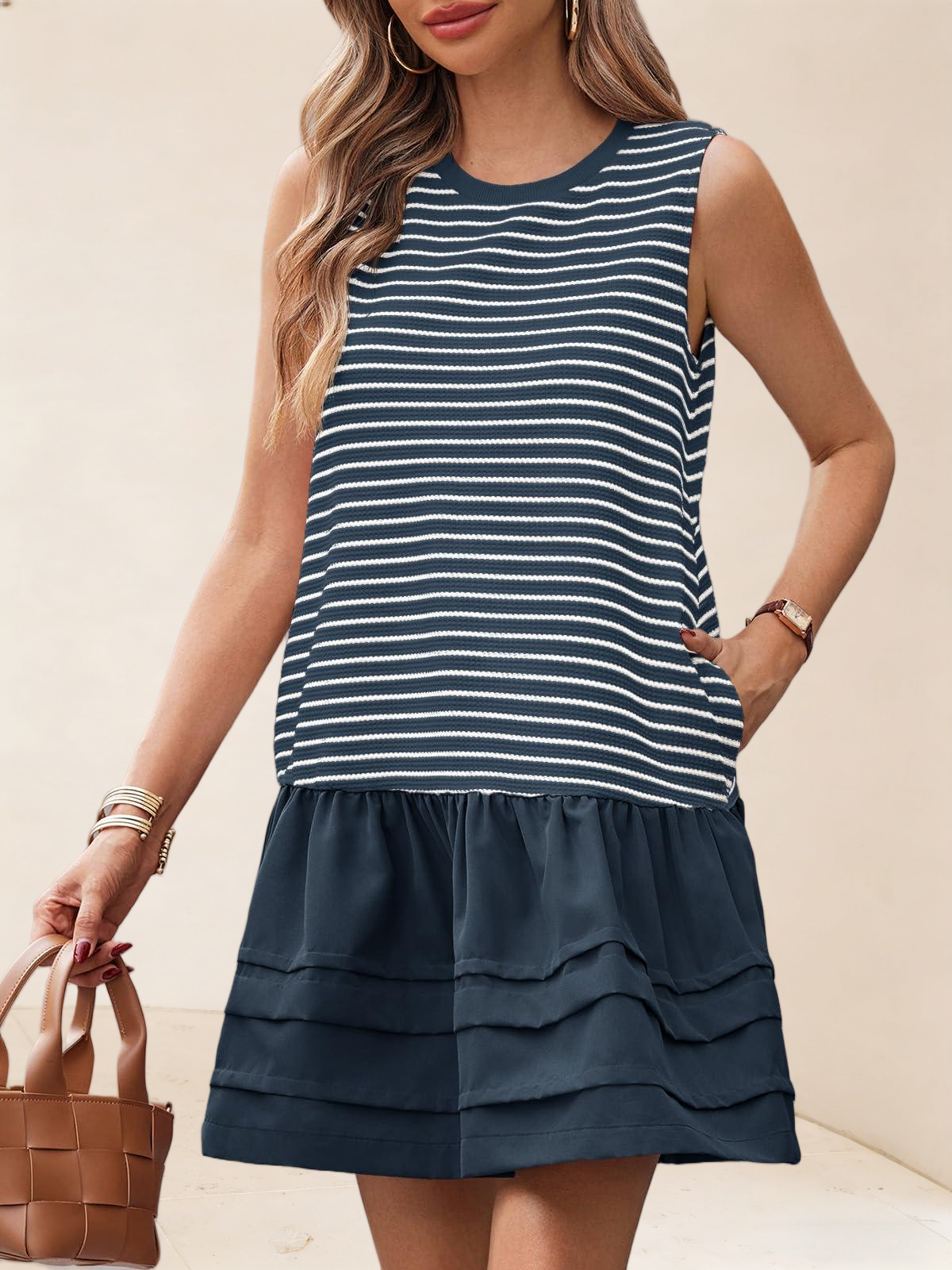 Imily Bela Womens Striped Sweatshirt Dress Casual Sleeveless Crewneck Constrast Patchwork Loose Tank Mini Dresses