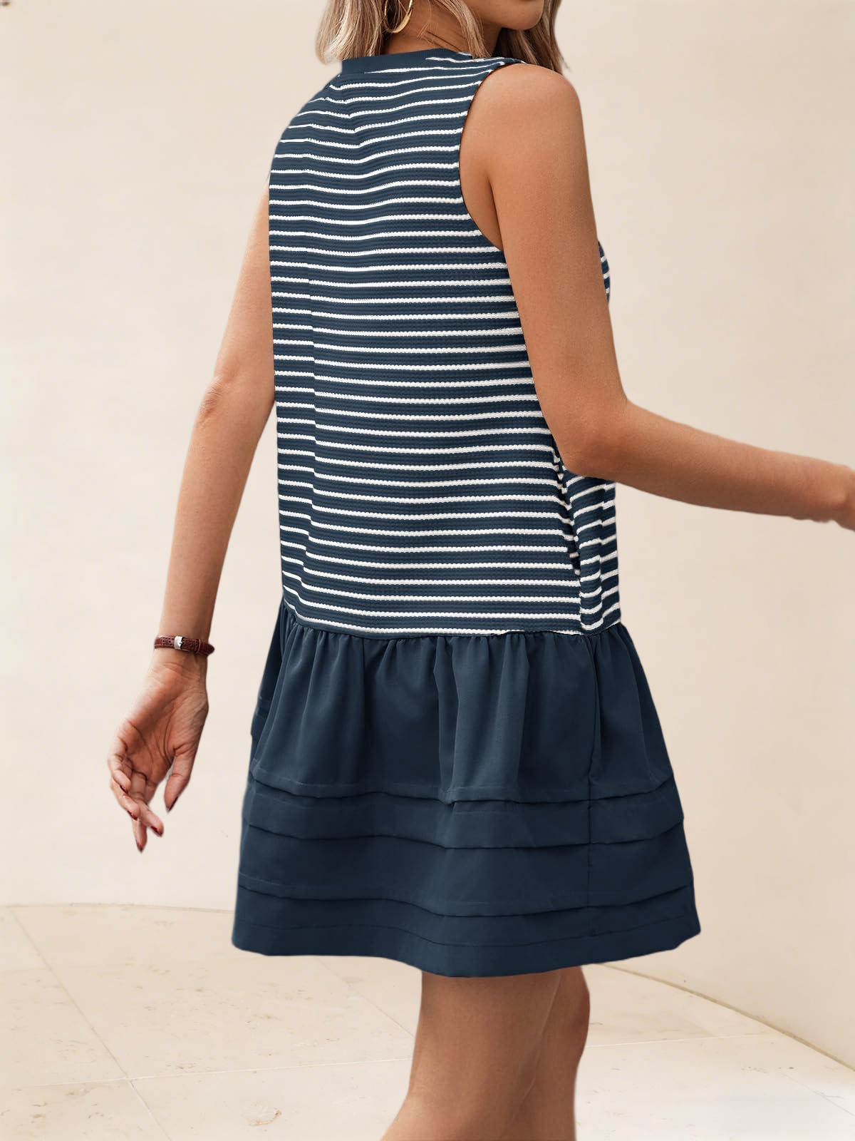 Imily Bela Womens Striped Sweatshirt Dress Casual Sleeveless Crewneck Constrast Patchwork Loose Tank Mini Dresses