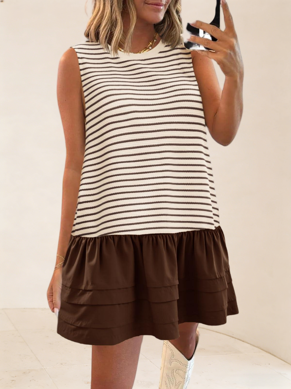 Imily Bela Womens Striped Sweatshirt Dress Casual Sleeveless Crewneck Constrast Patchwork Loose Tank Mini Dresses