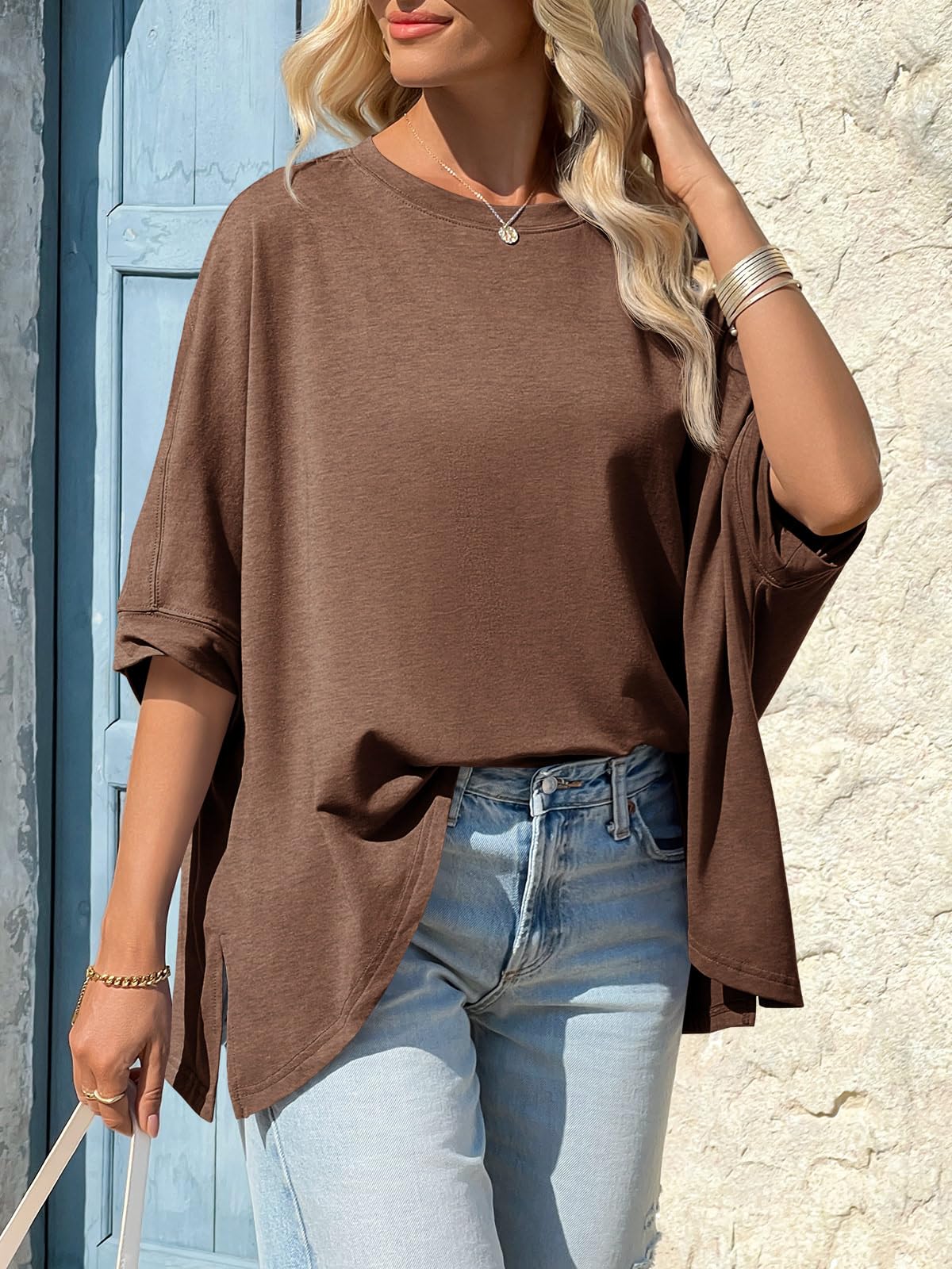 Imily Bela Womens Oversized Tshirts Batwing Short Sleeve Asymmetric Hem Tops Summer Casual Loose Fit Tunic Tee Shirts