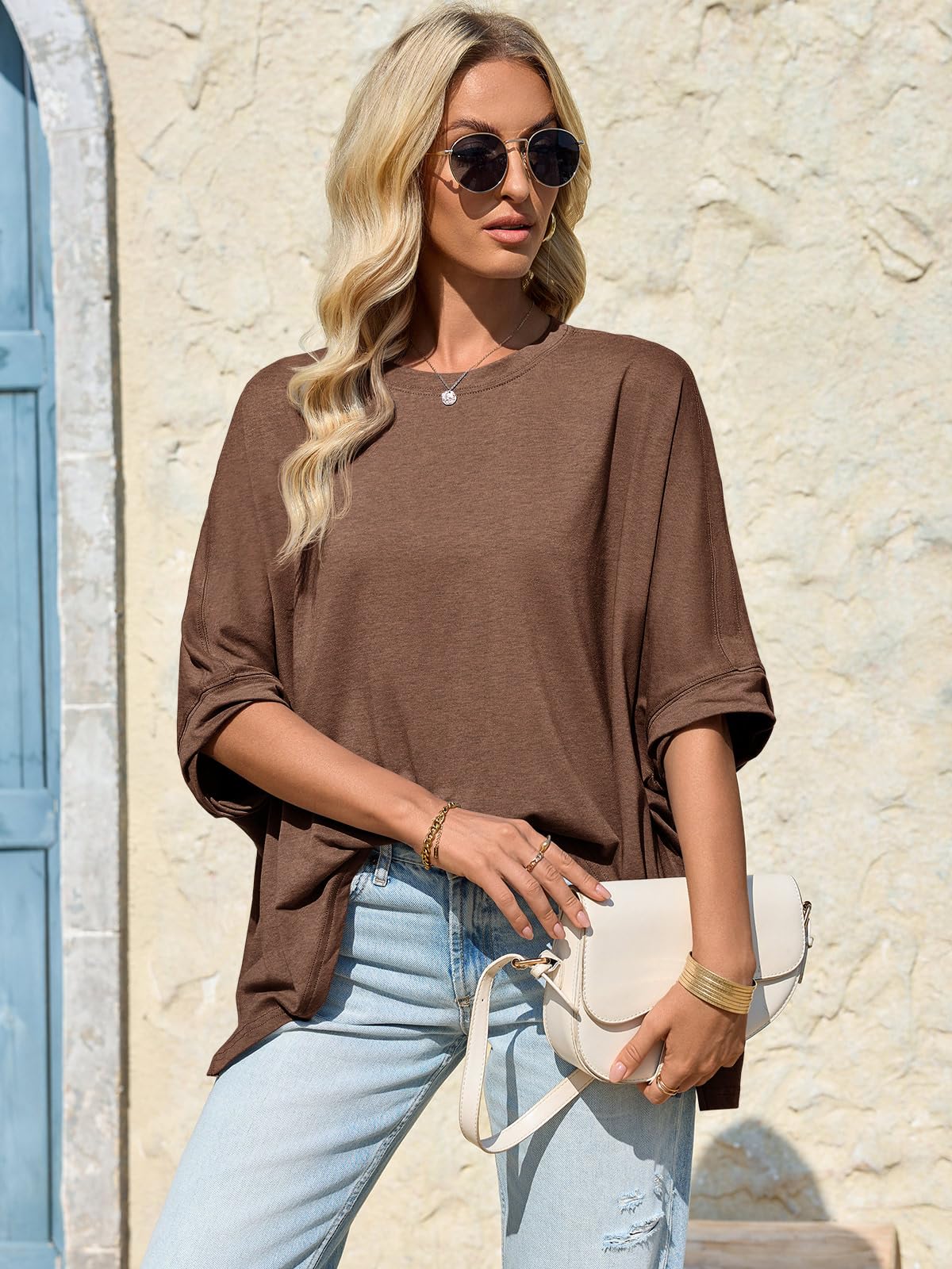 Imily Bela Womens Oversized Tshirts Batwing Short Sleeve Asymmetric Hem Tops Summer Casual Loose Fit Tunic Tee Shirts