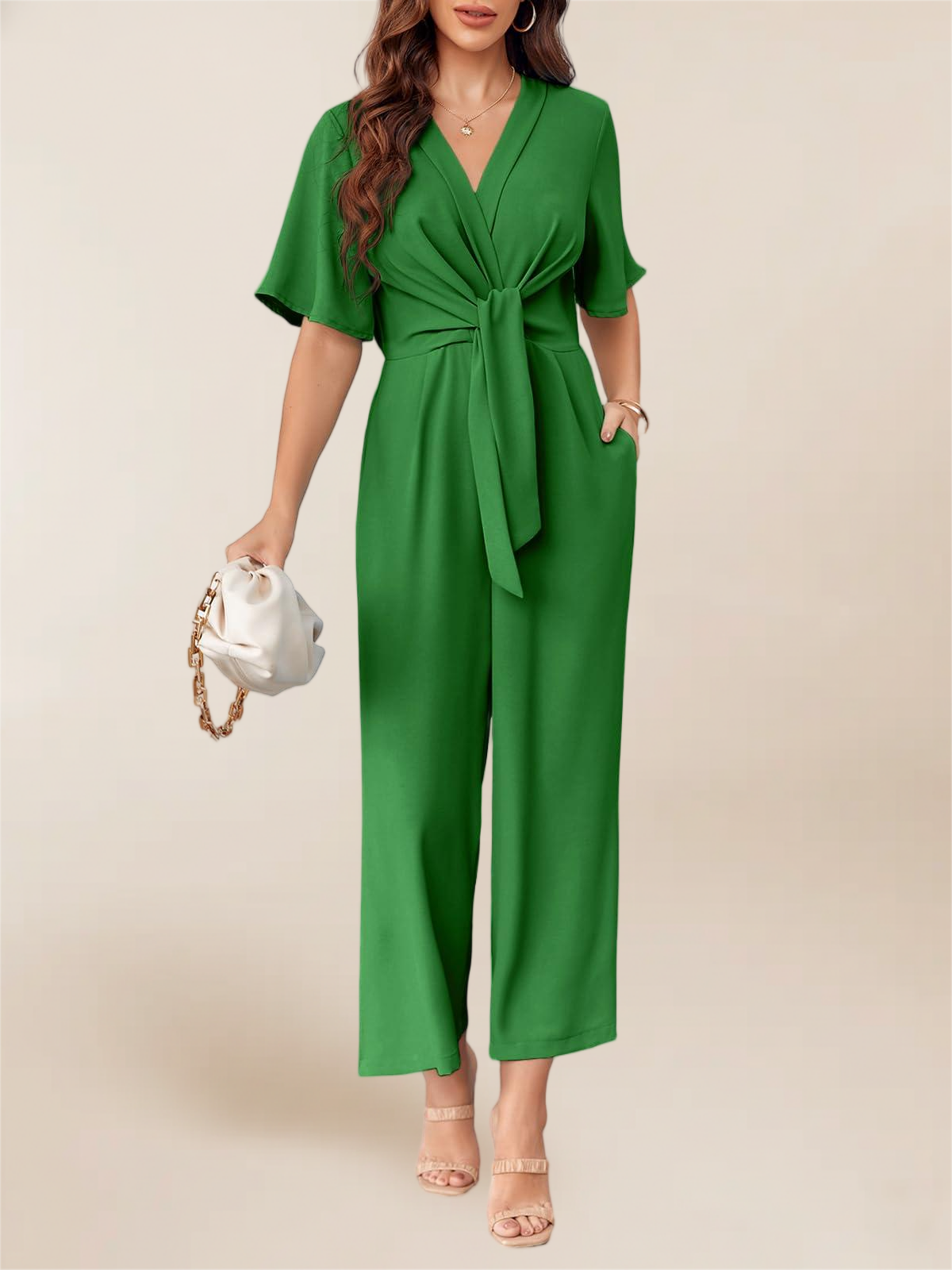 Imily Bela Women's Elegant V Neck Jumpsuits Dressy Casual Short Sleeve Wide Leg Long Pants Rompers