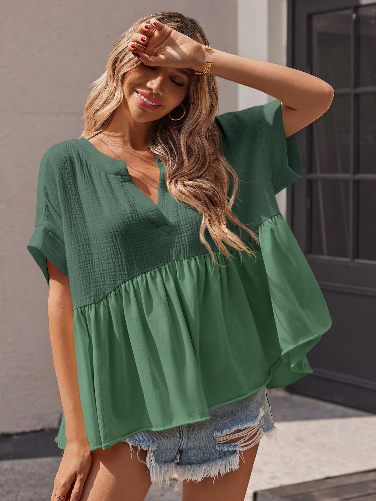 Imily Bela Womens Summer Babydoll Tops V Neck Short Sleeve Pleated Flowy Shirts Casual Loose Fit Peplum Blouse