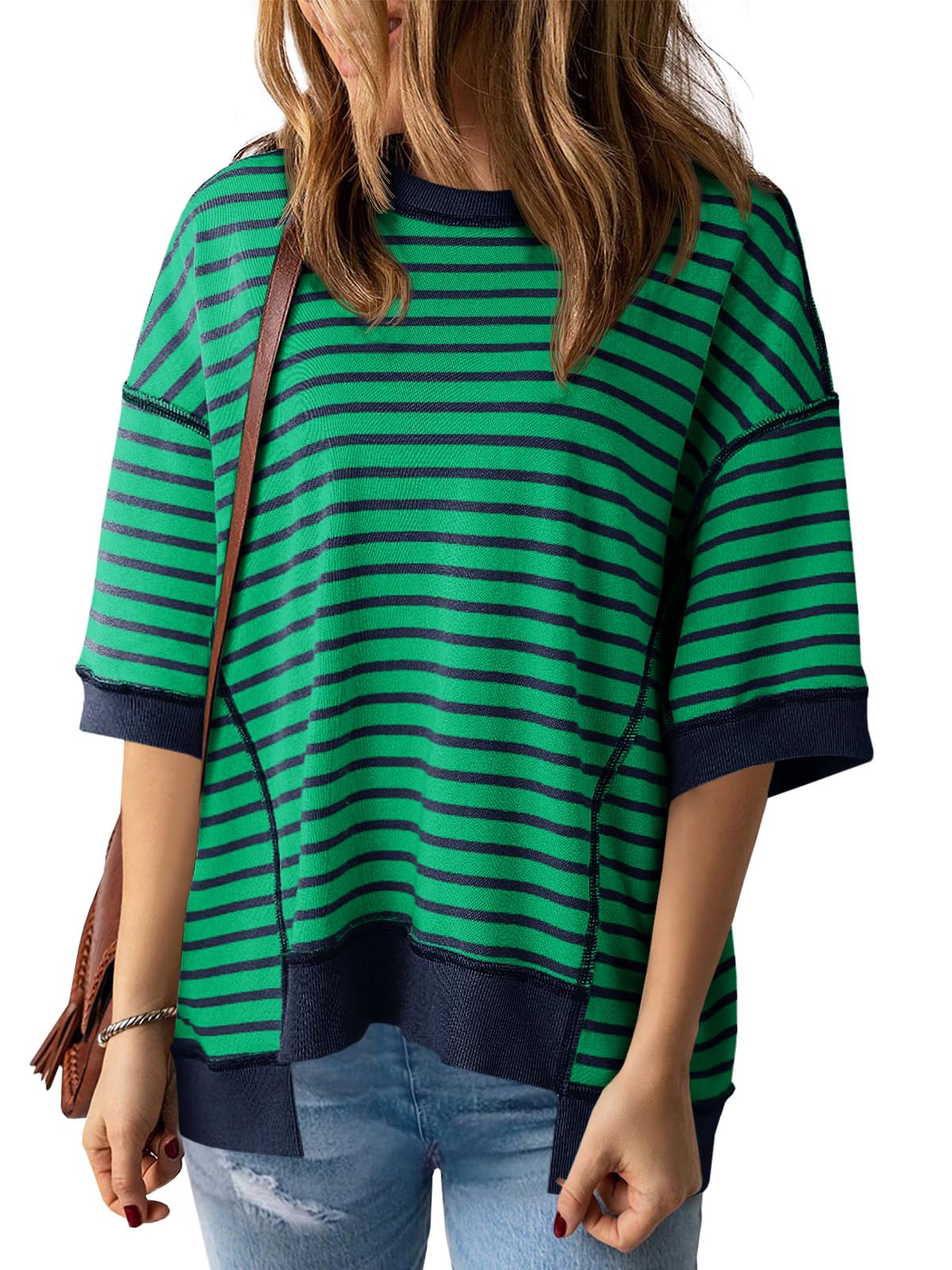 Imily Bela Womens Oversized T Shirts Striped Color Block Cotton Tops Summer Casual Half Sleeve Loose Fit Crewneck Sweatshirts
