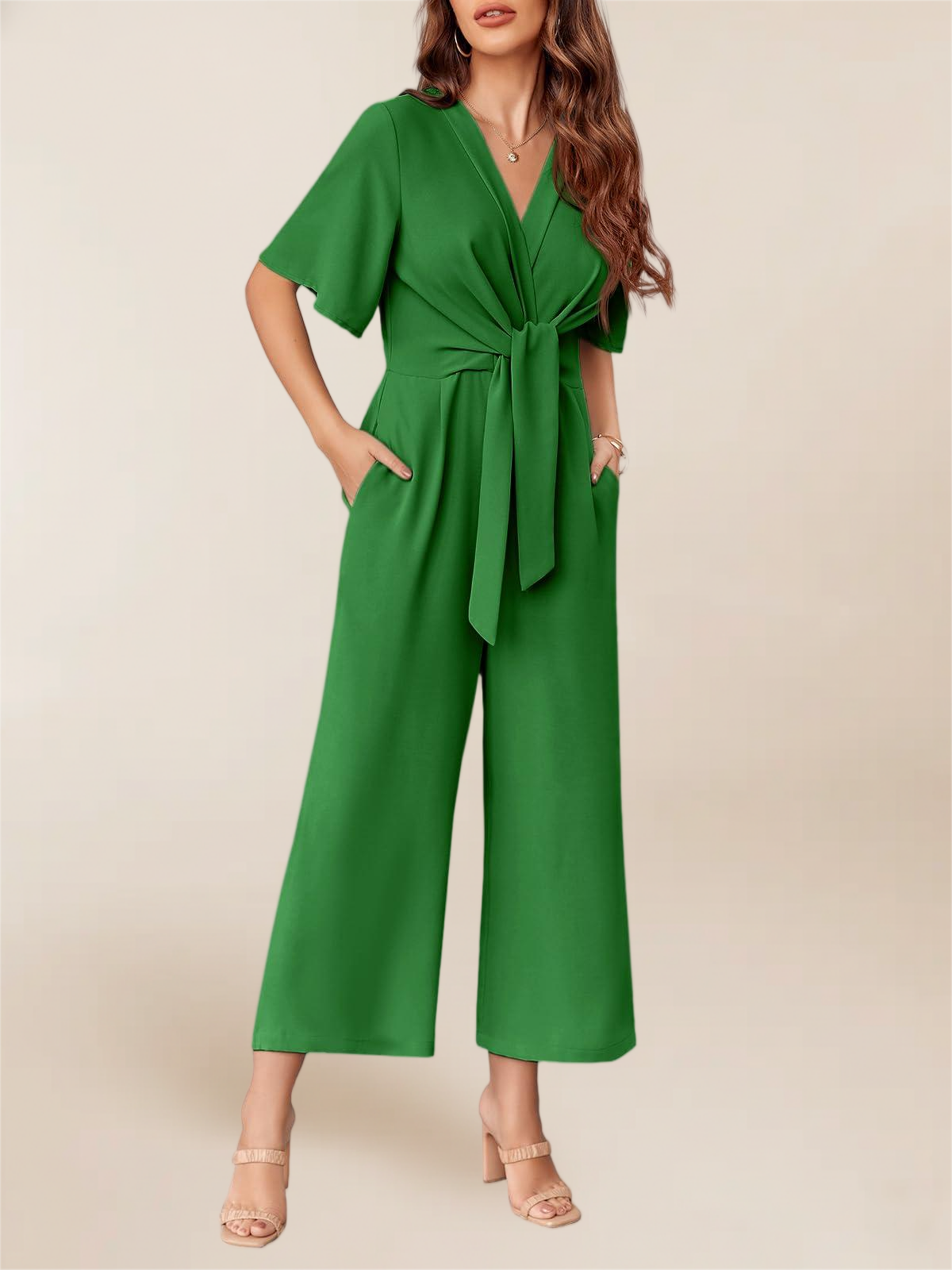 Imily Bela Women's Elegant V Neck Jumpsuits Dressy Casual Short Sleeve Wide Leg Long Pants Rompers