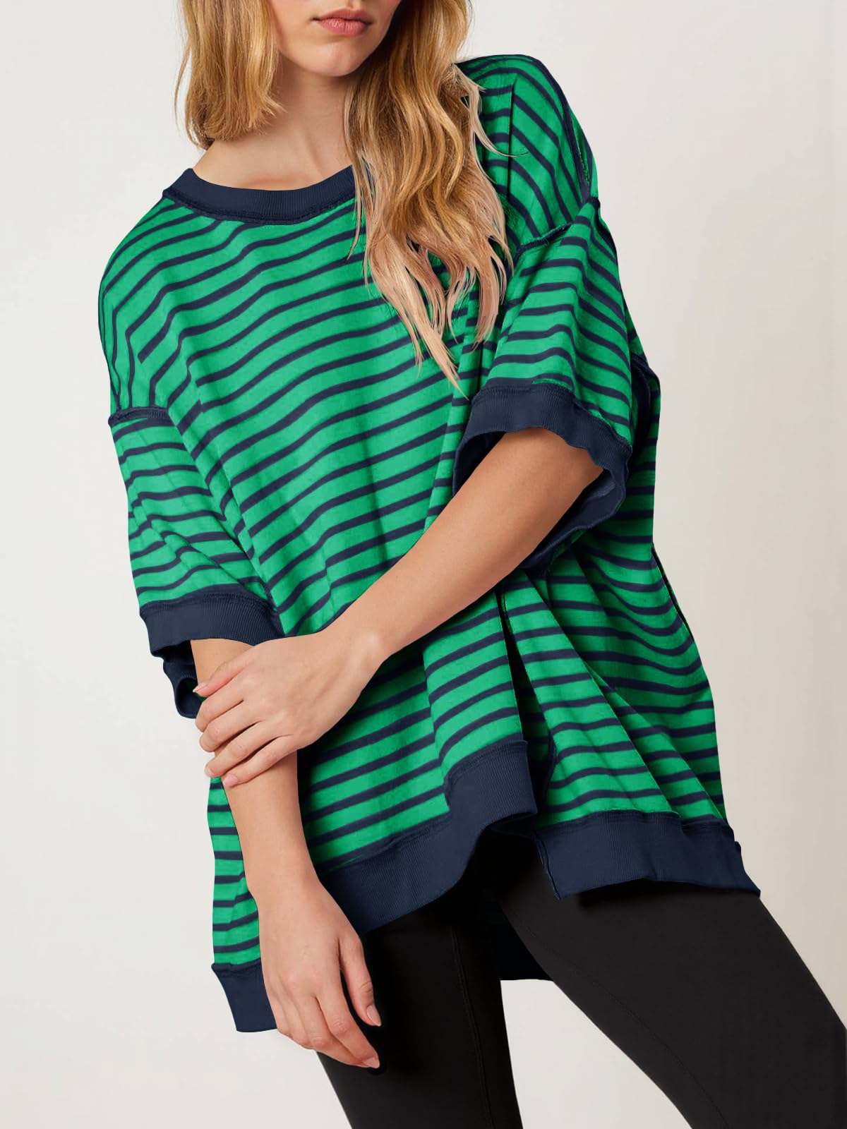 Imily Bela Womens Oversized T Shirts Striped Color Block Cotton Tops Summer Casual Half Sleeve Loose Fit Crewneck Sweatshirts