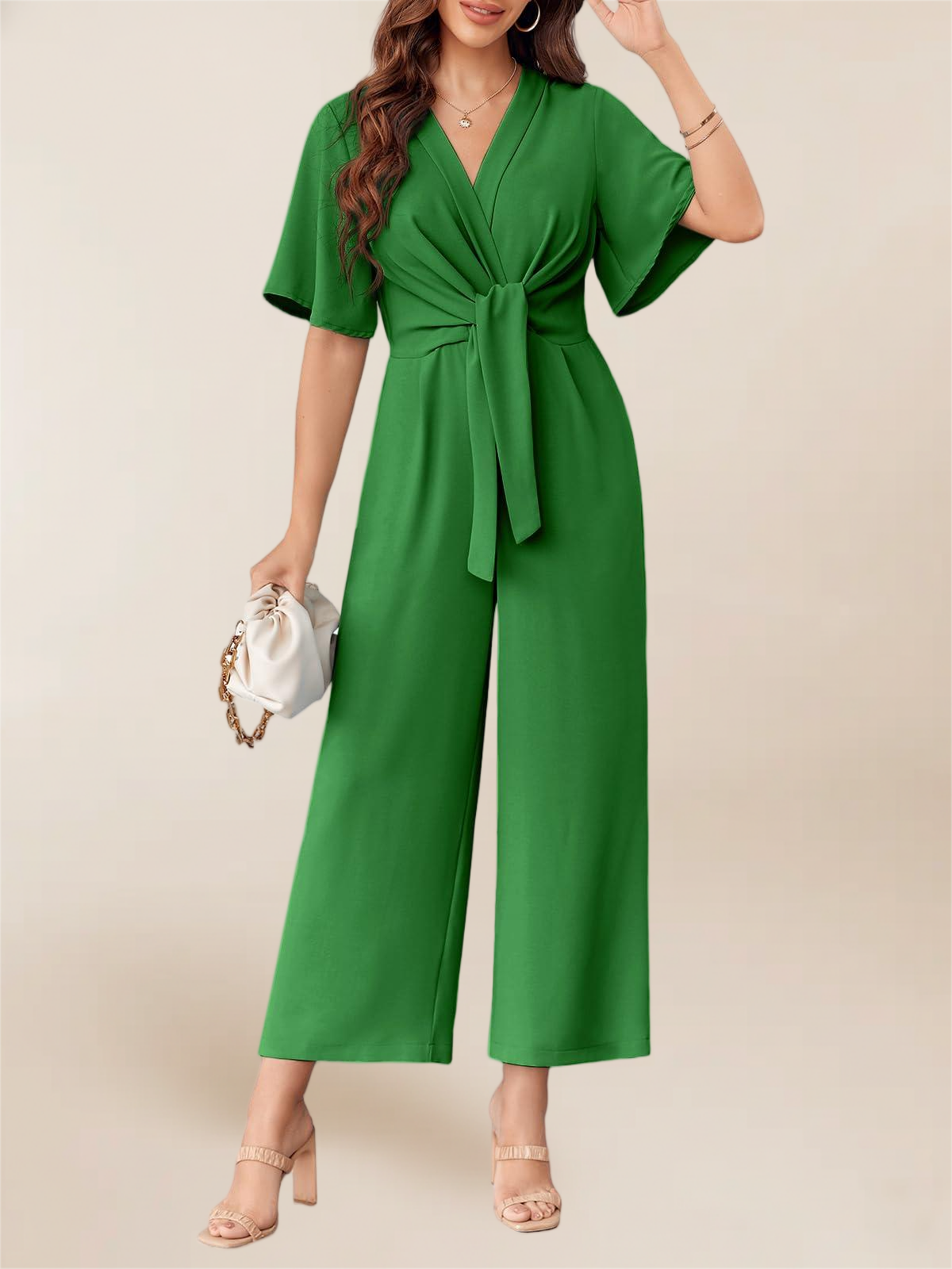 Imily Bela Women's Elegant V Neck Jumpsuits Dressy Casual Short Sleeve Wide Leg Long Pants Rompers