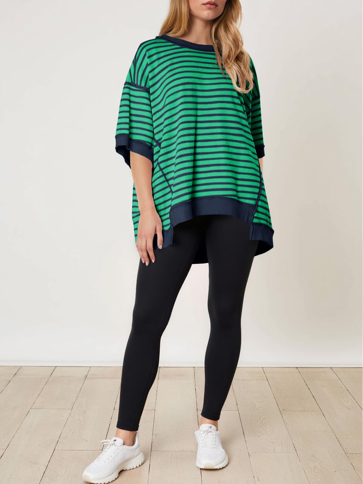 Imily Bela Womens Oversized T Shirts Striped Color Block Cotton Tops Summer Casual Half Sleeve Loose Fit Crewneck Sweatshirts