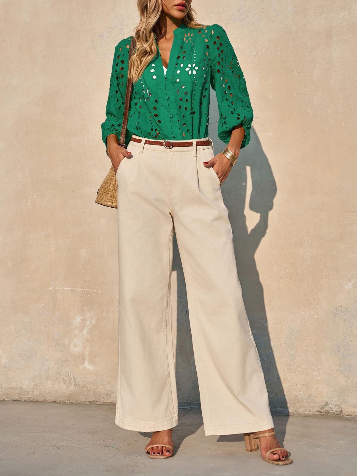 Imily Bela Womens Deep V Neck Eyelet Blouses 3/4 Balloon Sleeve Button Down Hollow Out Fall Shirts