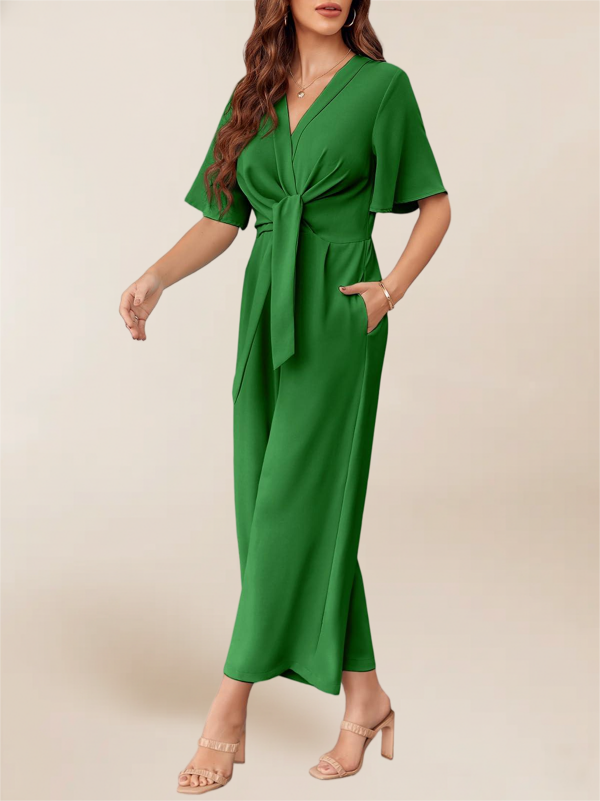 Imily Bela Women's Elegant V Neck Jumpsuits Dressy Casual Short Sleeve Wide Leg Long Pants Rompers