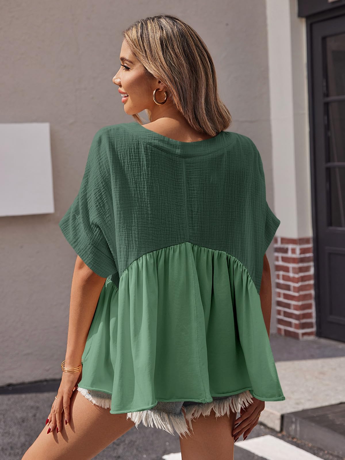 Imily Bela Womens Summer Babydoll Tops V Neck Short Sleeve Pleated Flowy Shirts Casual Loose Fit Peplum Blouse