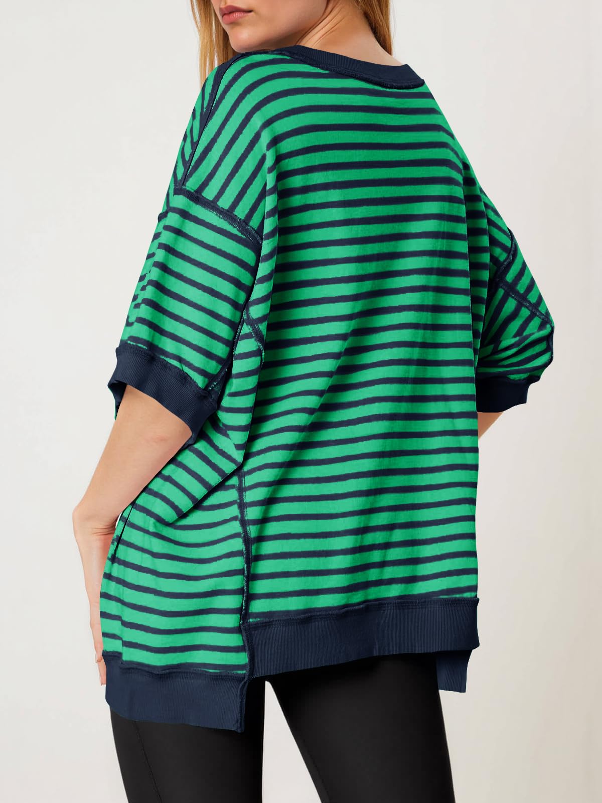 Imily Bela Womens Oversized T Shirts Striped Color Block Cotton Tops Summer Casual Half Sleeve Loose Fit Crewneck Sweatshirts