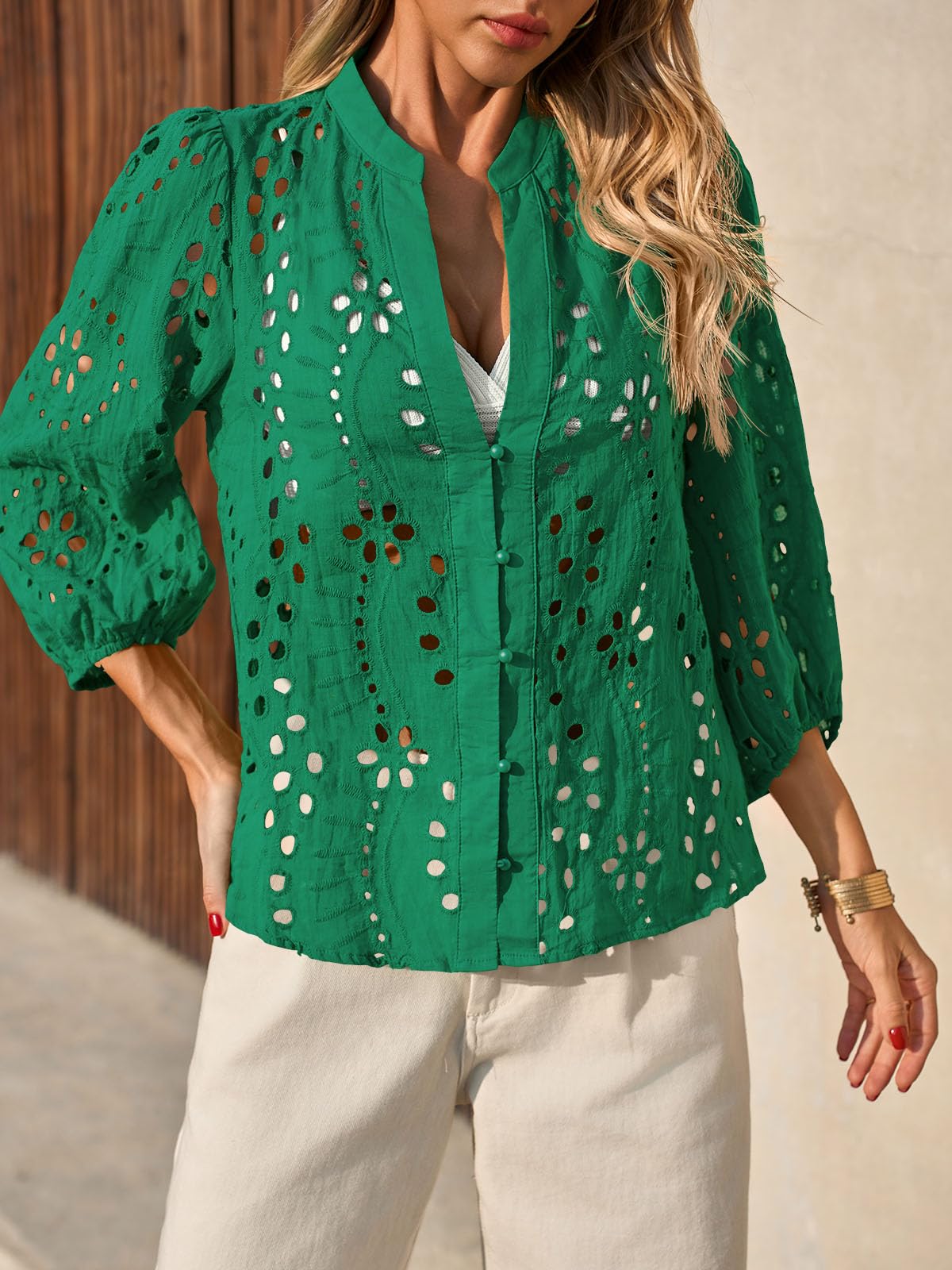 Imily Bela Womens Deep V Neck Eyelet Blouses 3/4 Balloon Sleeve Button Down Hollow Out Fall Shirts