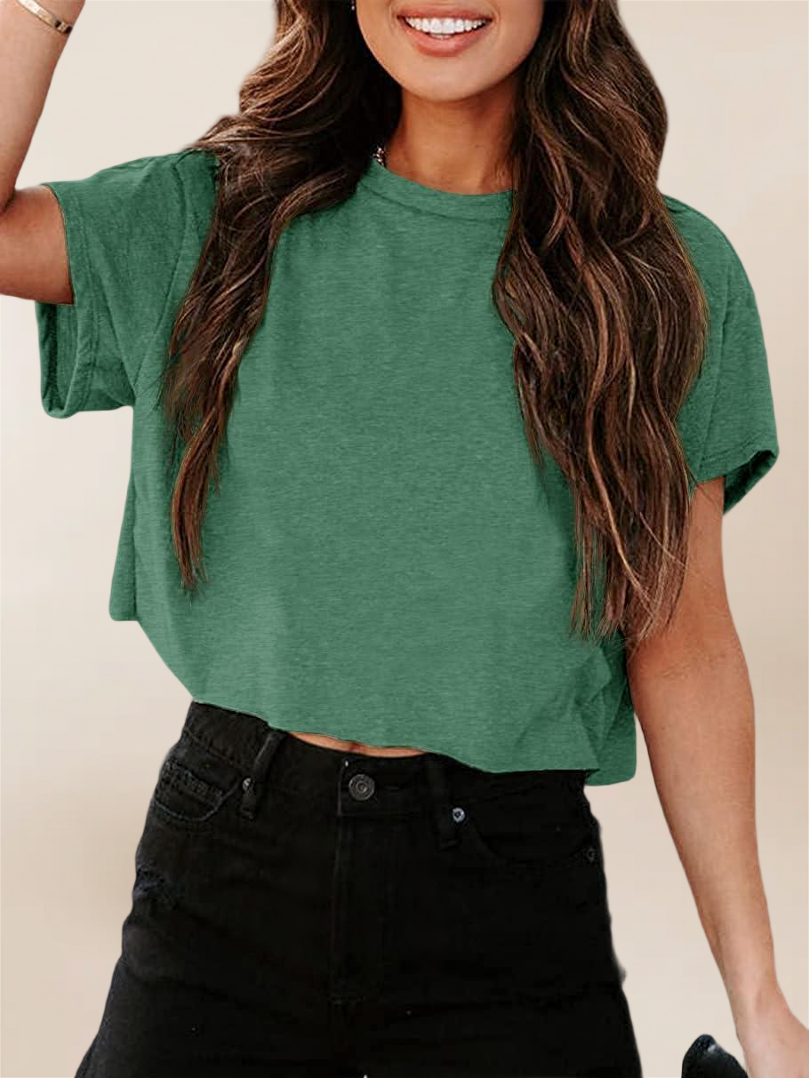 Imily Bela Women Short Sleeve Cropped T-Shirts Crew Neck Loose Crop Tops Summer Casual Drop Shoulder Basic Tees