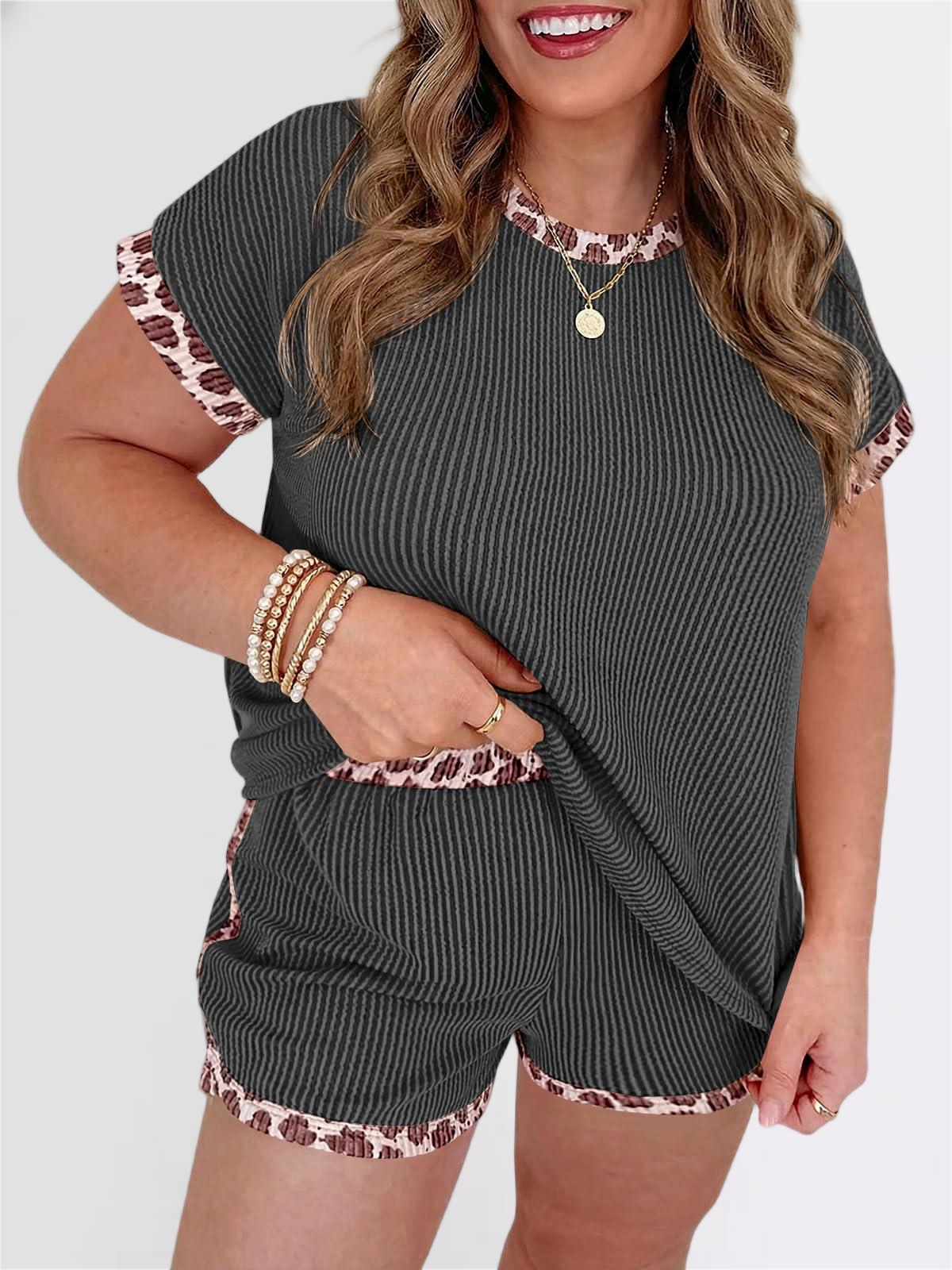 Imily Bela Womens Plus Size 2 Piece Short Sets Leopard Print Ribbed Knit Short Sleeve Top 2026 Summer Casual Lounge Set