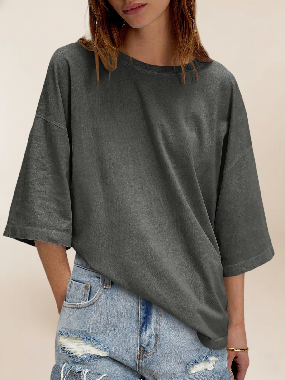 Imily Bela Womens Oversized Half Sleeve T-Shirts Summer Casual Crew Neck Tunic Tops Loose Fit Boxy Basic Tees