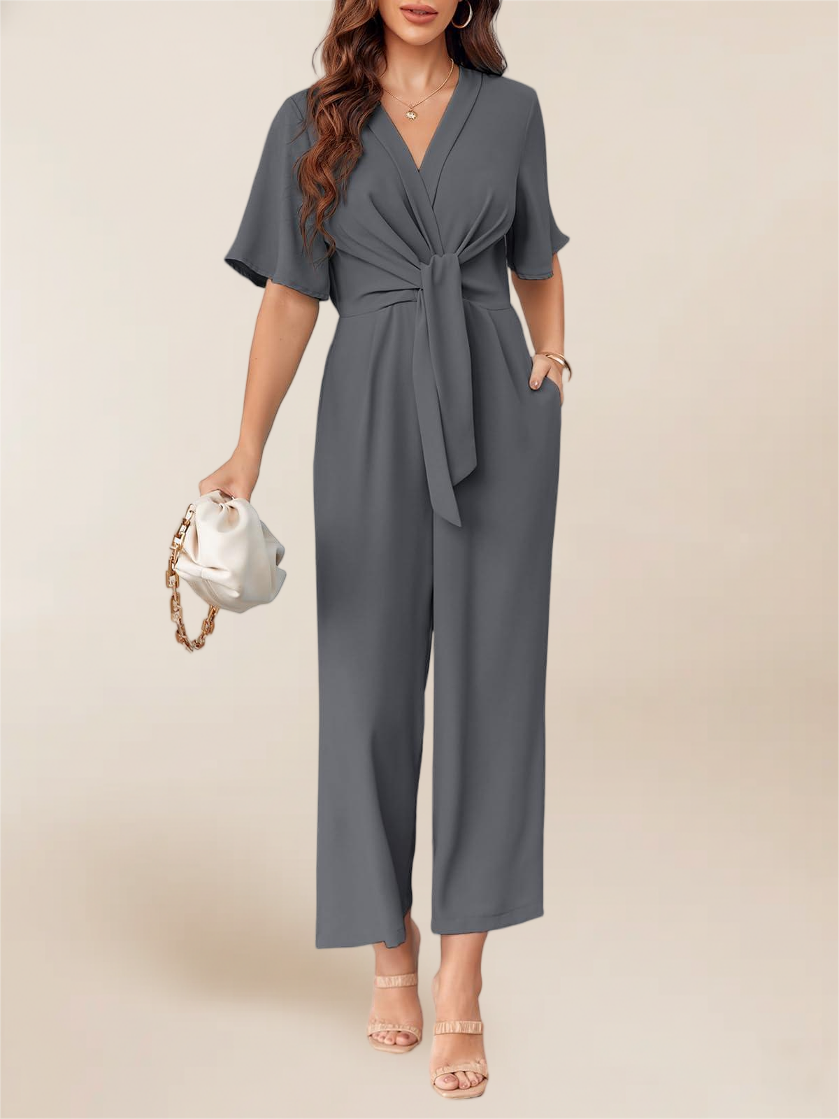 Imily Bela Women's Elegant V Neck Jumpsuits Dressy Casual Short Sleeve Wide Leg Long Pants Rompers