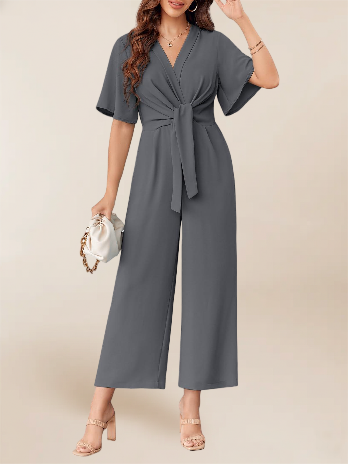 Imily Bela Women's Elegant V Neck Jumpsuits Dressy Casual Short Sleeve Wide Leg Long Pants Rompers