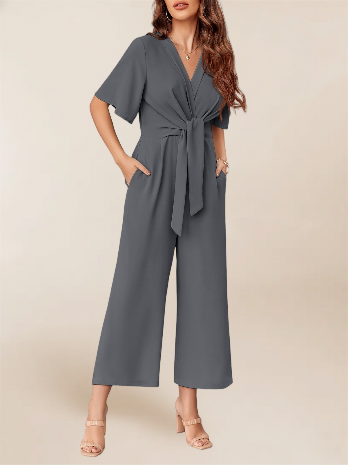 Imily Bela Women's Elegant V Neck Jumpsuits Dressy Casual Short Sleeve Wide Leg Long Pants Rompers