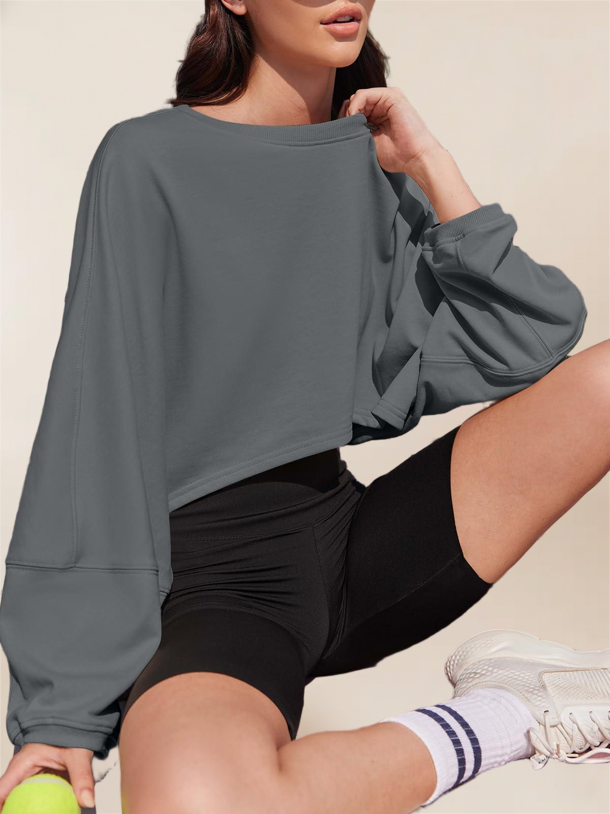 Imily Bela Womens Long Ballon Sleeve Sweatshirts Tops Cropped Crew Neck Loose Fit Casual Workout Shirts