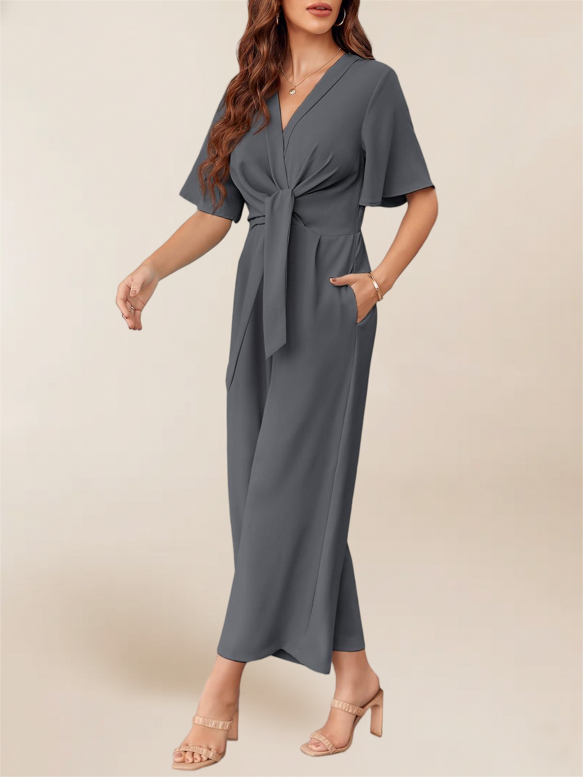 Imily Bela Women's Elegant V Neck Jumpsuits Dressy Casual Short Sleeve Wide Leg Long Pants Rompers