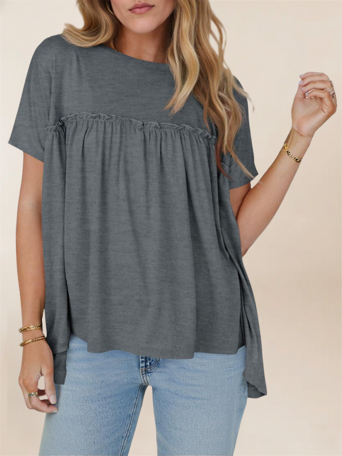 Imily Bela Women Summer Babydoll Tops Pleated Short Sleeve Crew Neck Peplum Blouse Casual Loose Fit T Shirts
