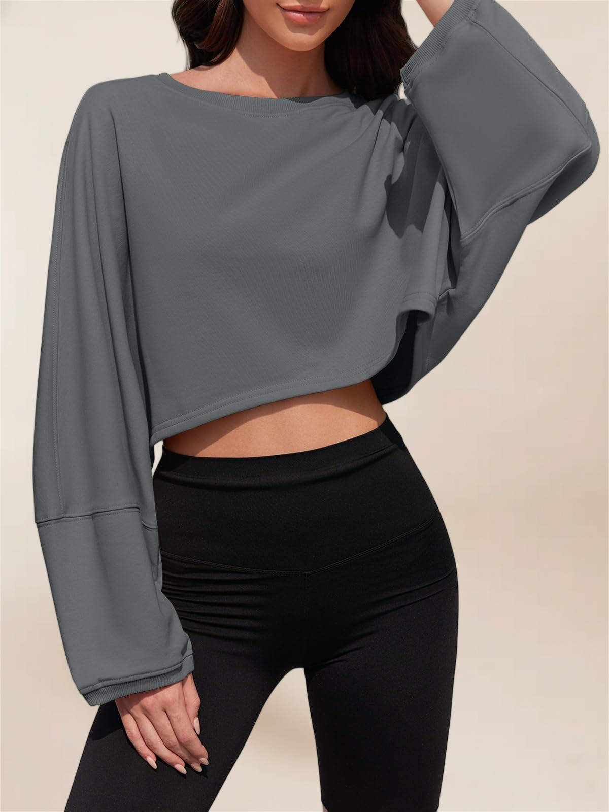 Imily Bela Womens Long Ballon Sleeve Sweatshirts Tops Cropped Crew Neck Loose Fit Casual Workout Shirts