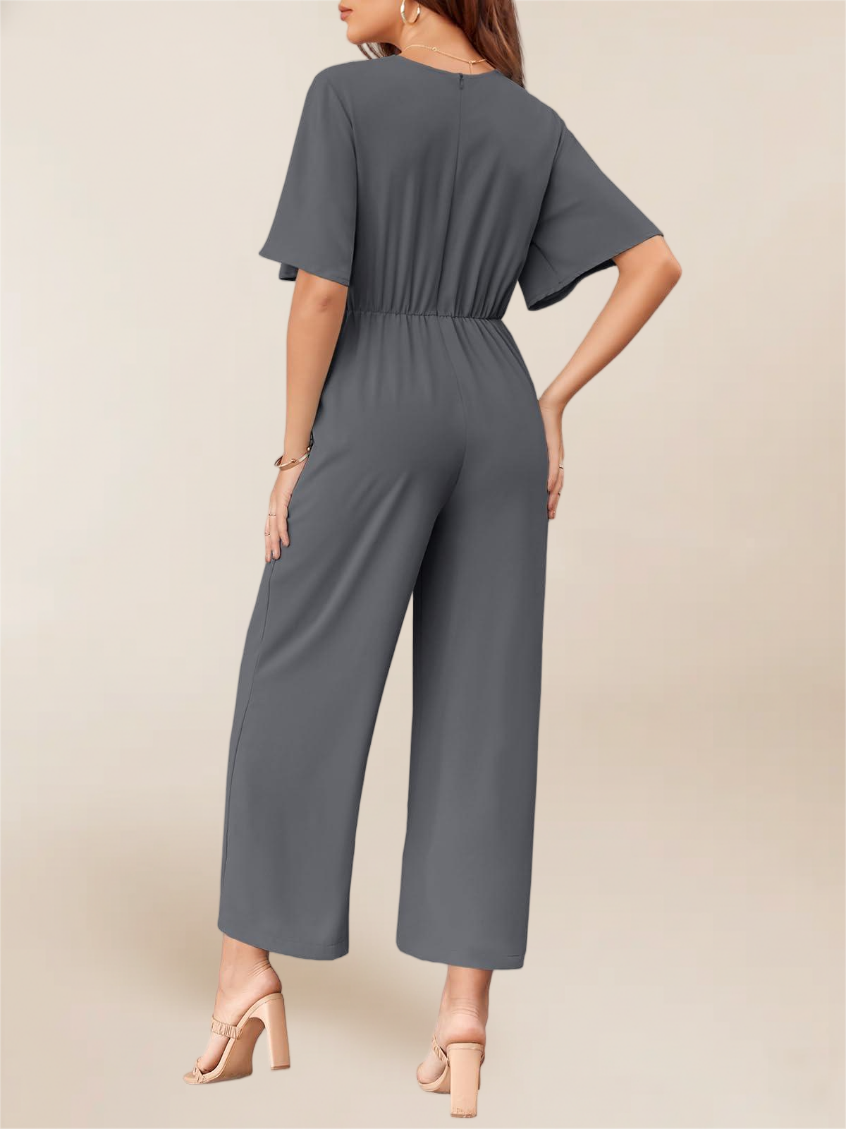 Imily Bela Women's Elegant V Neck Jumpsuits Dressy Casual Short Sleeve Wide Leg Long Pants Rompers