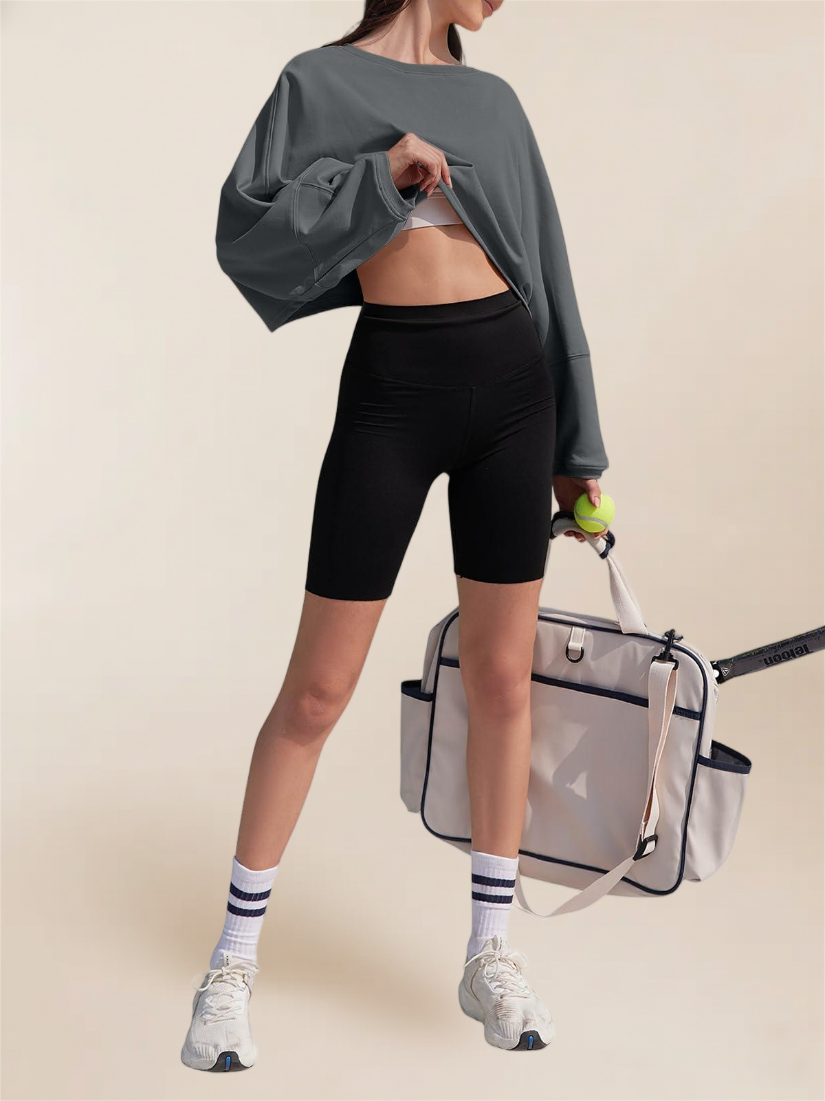 Imily Bela Womens Long Ballon Sleeve Sweatshirts Tops Cropped Crew Neck Loose Fit Casual Workout Shirts