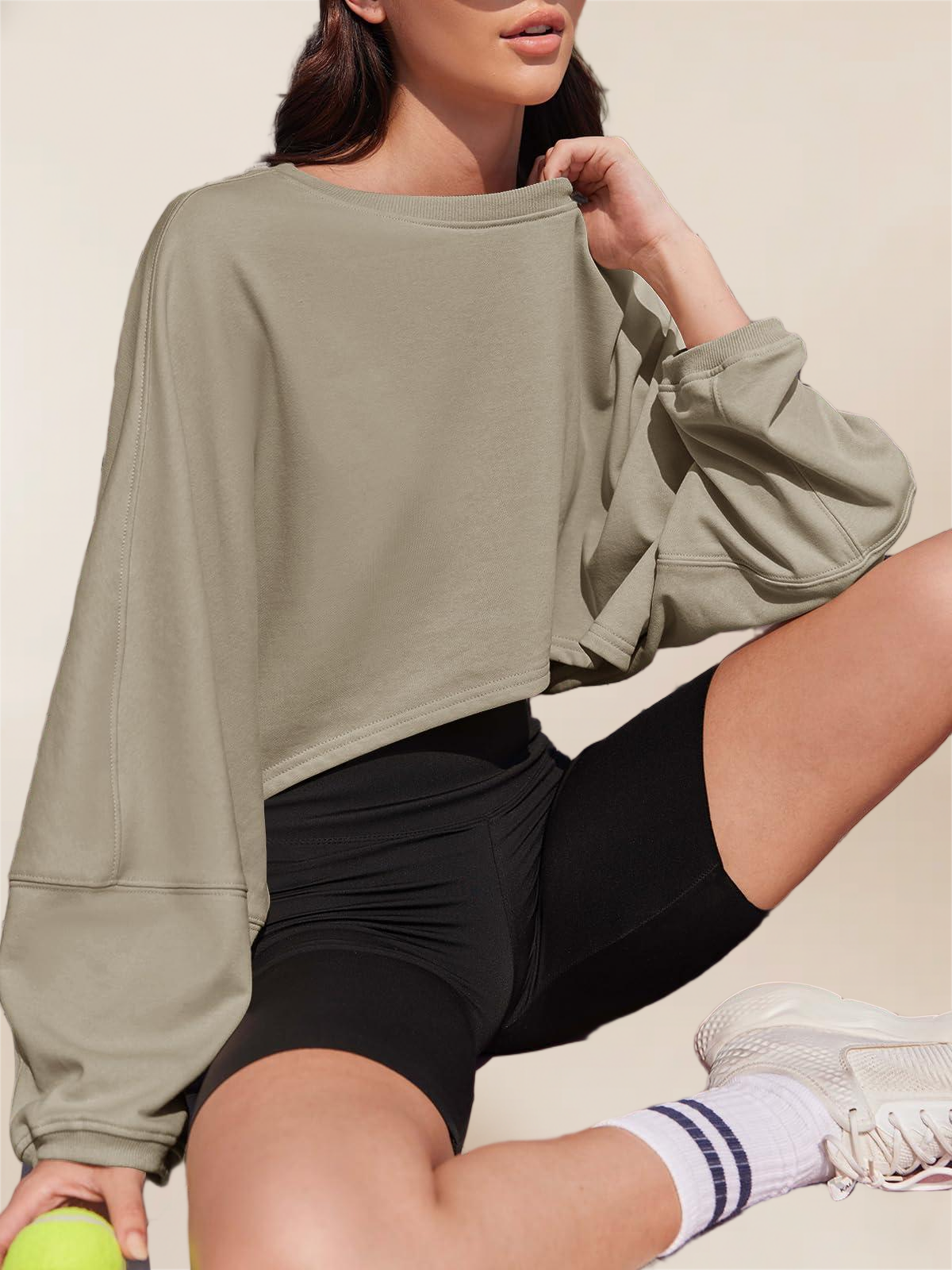 Imily Bela Womens Long Ballon Sleeve Sweatshirts Tops Cropped Crew Neck Loose Fit Casual Workout Shirts