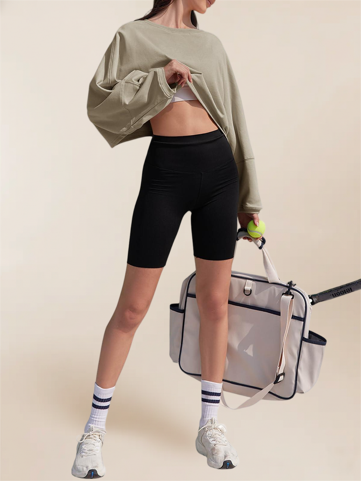 Imily Bela Womens Long Ballon Sleeve Sweatshirts Tops Cropped Crew Neck Loose Fit Casual Workout Shirts