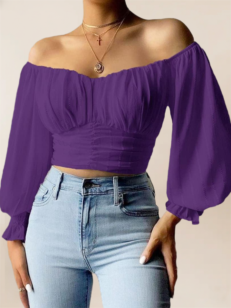 Imily Bela Womens Elegant Off The Shoulder Puff Sleeve Blouse Summer Chiffon Slim Fit Party Crop Top