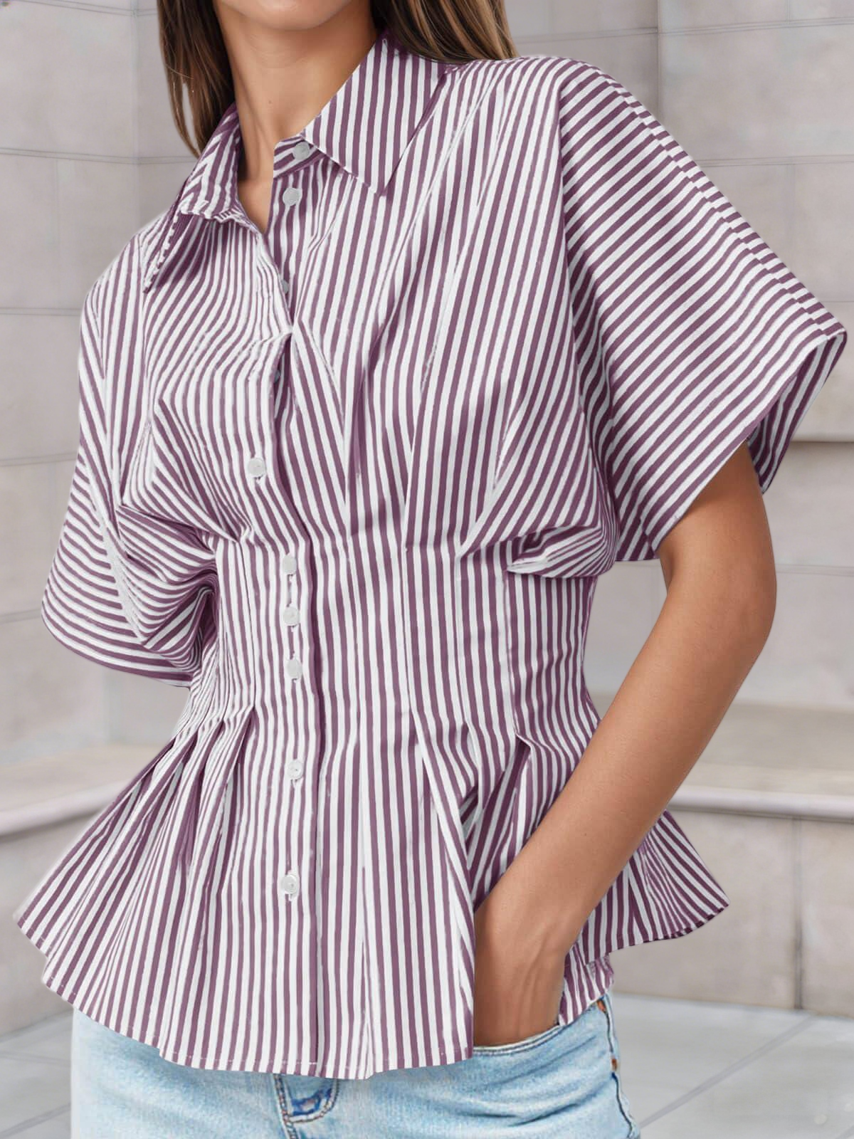 Imily Bela Womens Striped Peplum Button Down Shirts Short Sleeve Pleated Tops Summer Business Casual Blouses